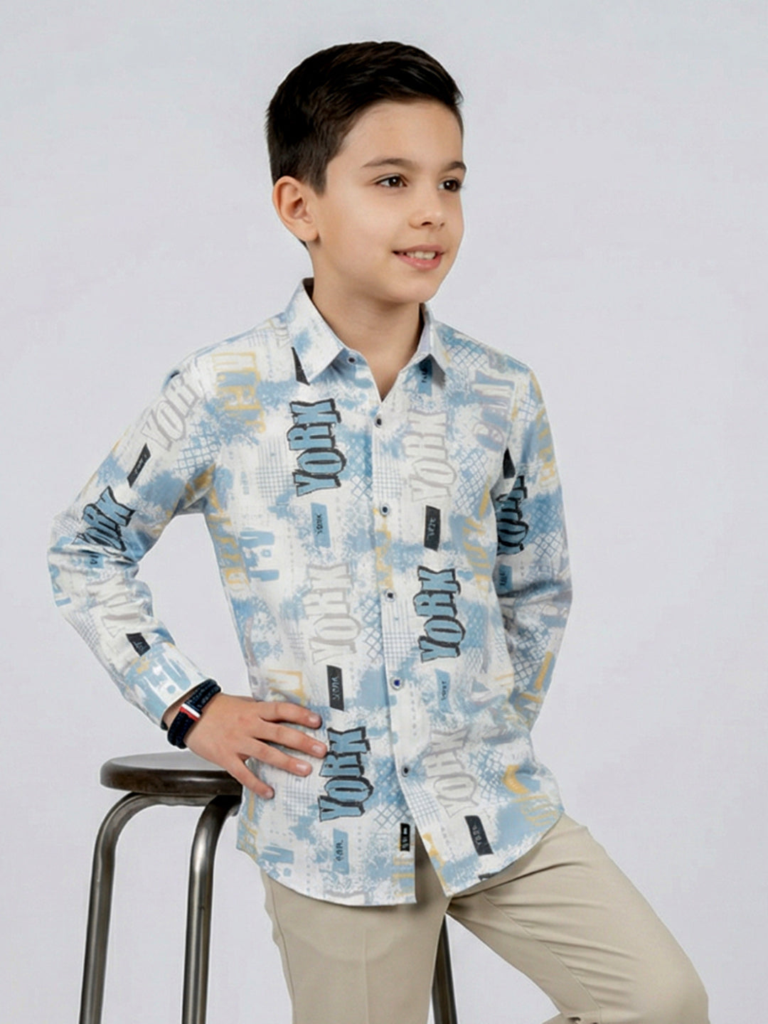 Boys White & Blue Printed Collar Full Sleeve Shirt