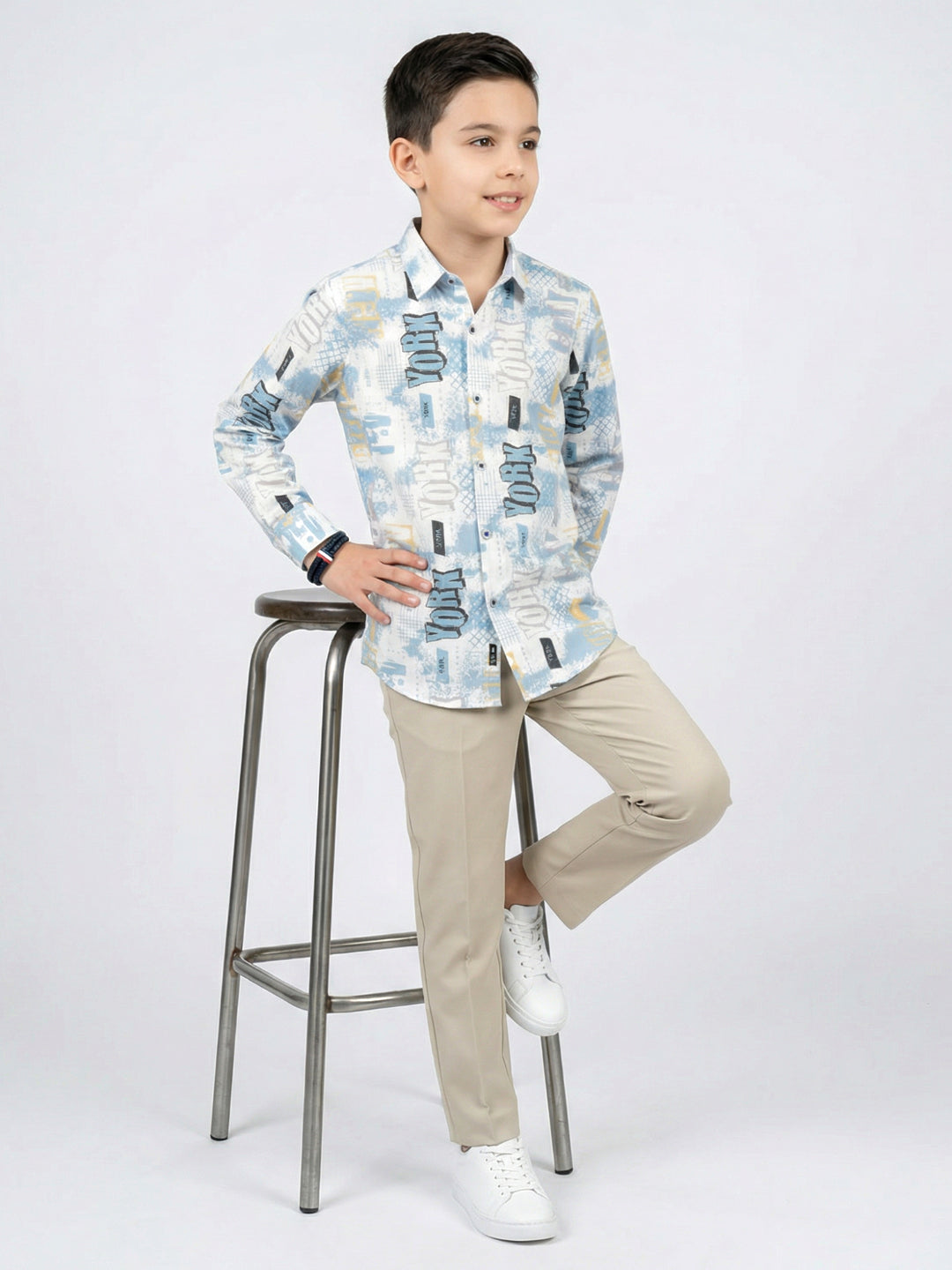 Boys White & Blue Printed Collar Full Sleeve Shirt