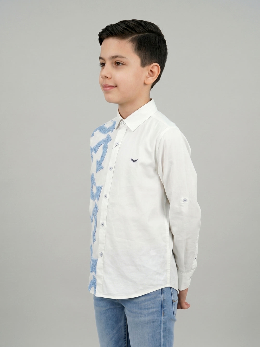 Boys White Self Design Collar Full Sleeve Shirt
