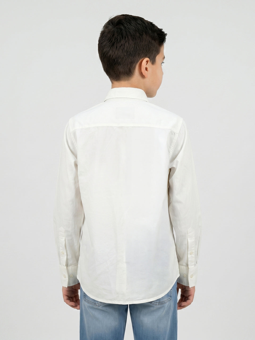 Boys White Self Design Collar Full Sleeve Shirt