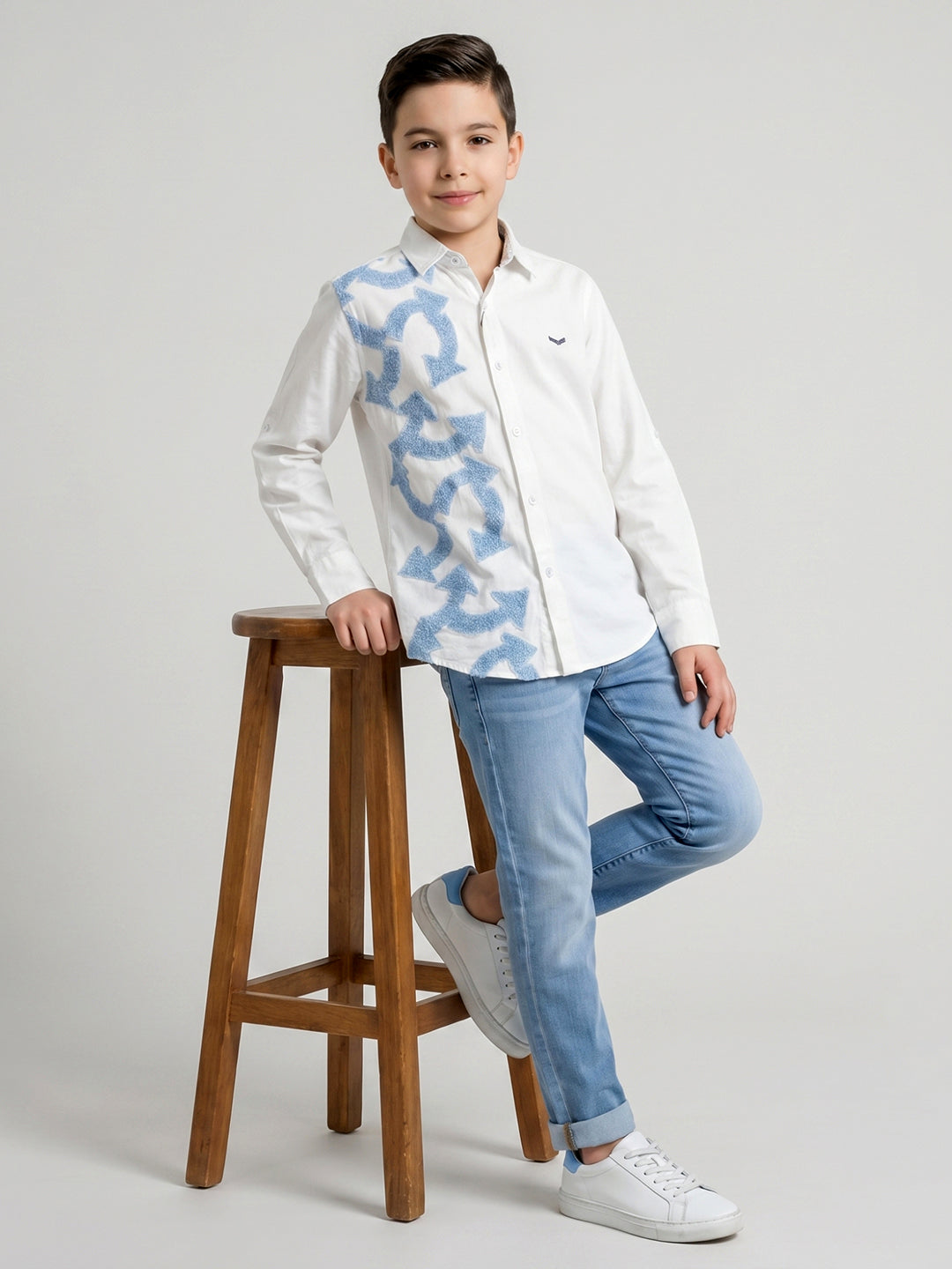 Boys White Self Design Collar Full Sleeve Shirt