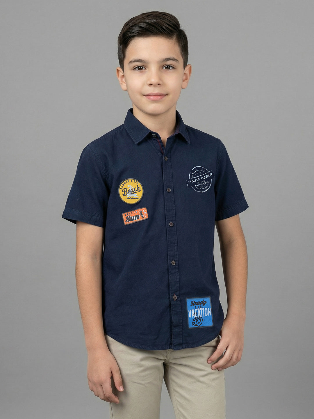 Boys Navy Blue Printed Collar Half Sleeve Shirt