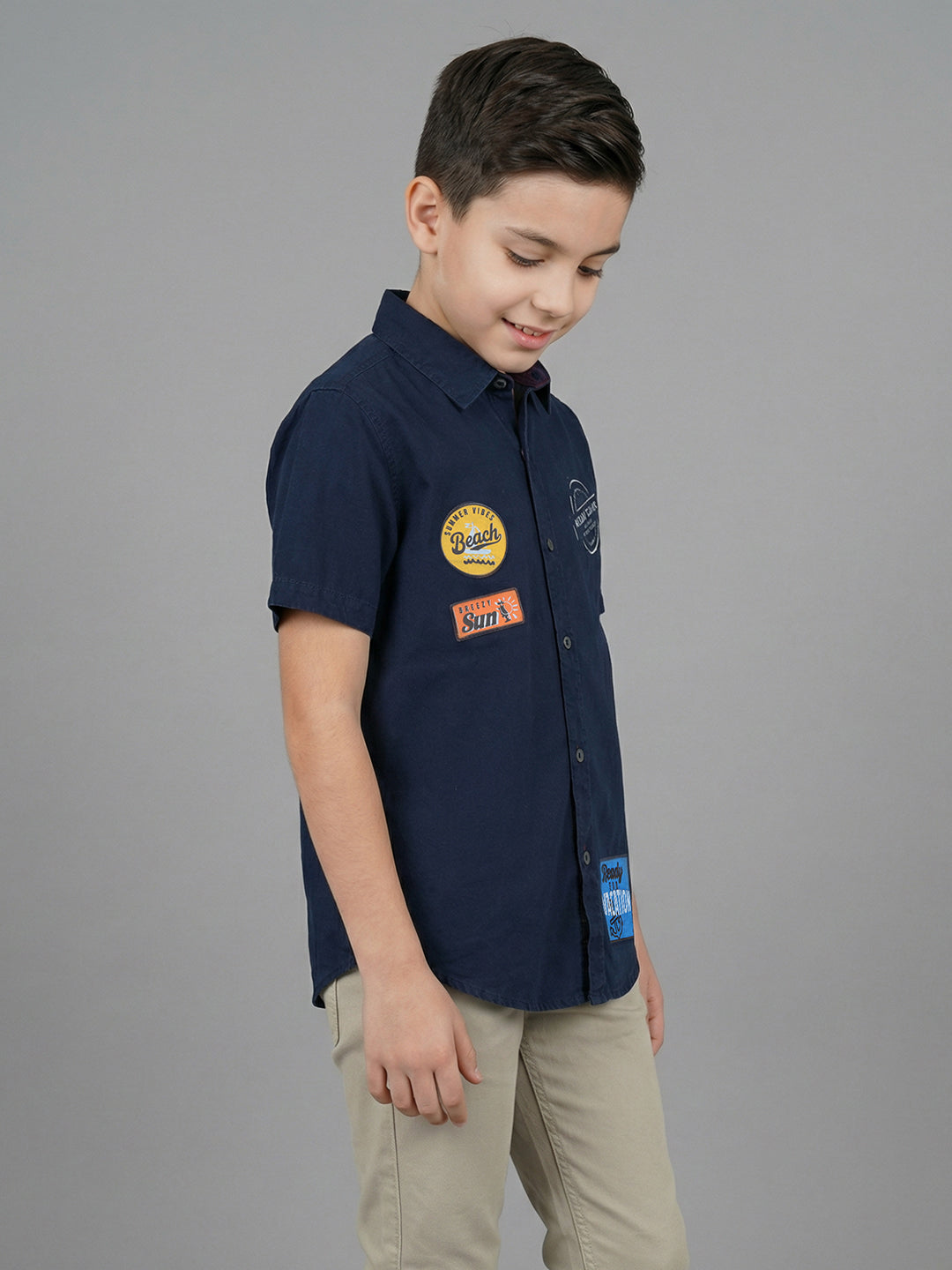 Boys Navy Blue Printed Collar Half Sleeve Shirt