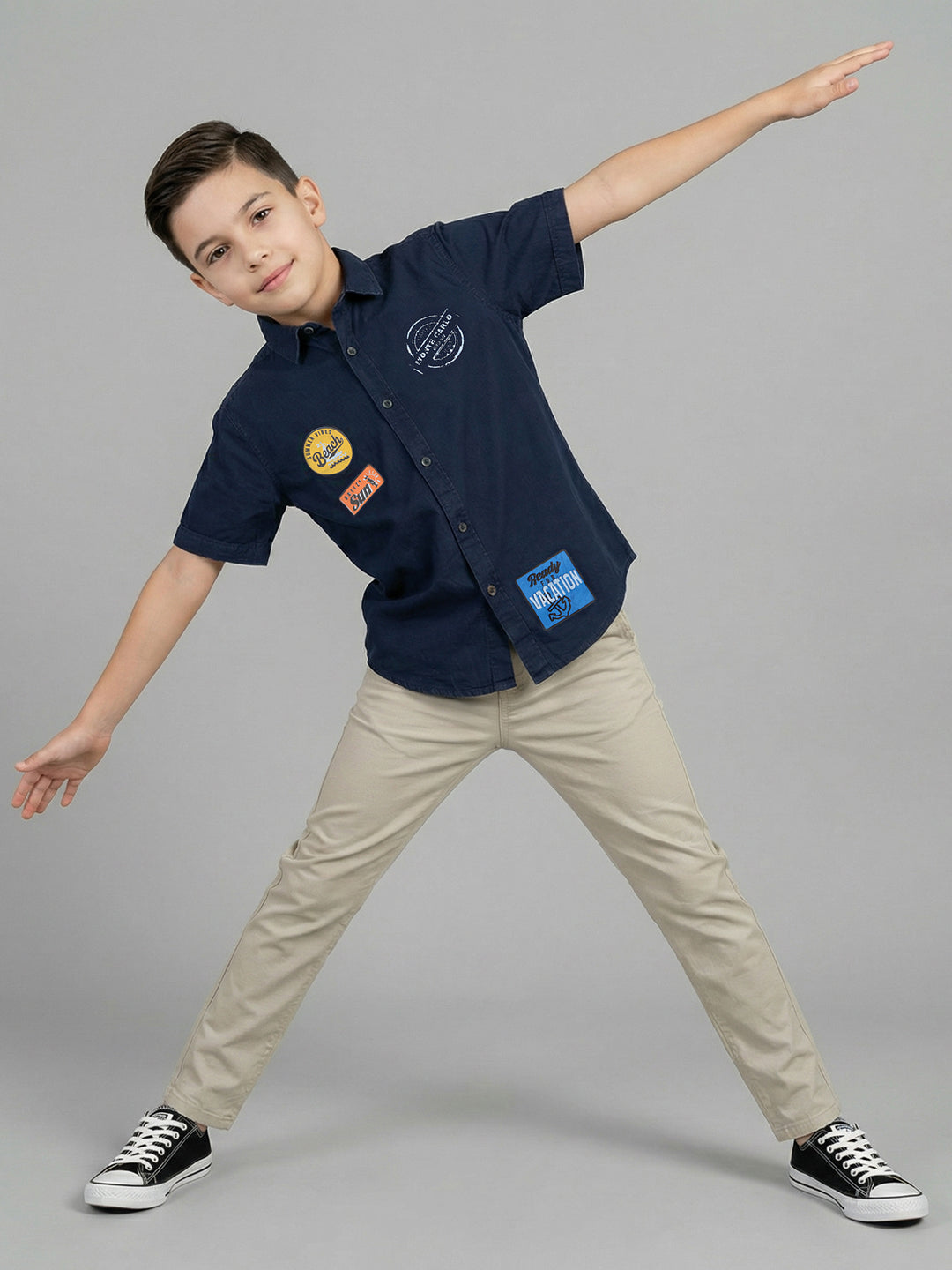 Boys Navy Blue Printed Collar Half Sleeve Shirt