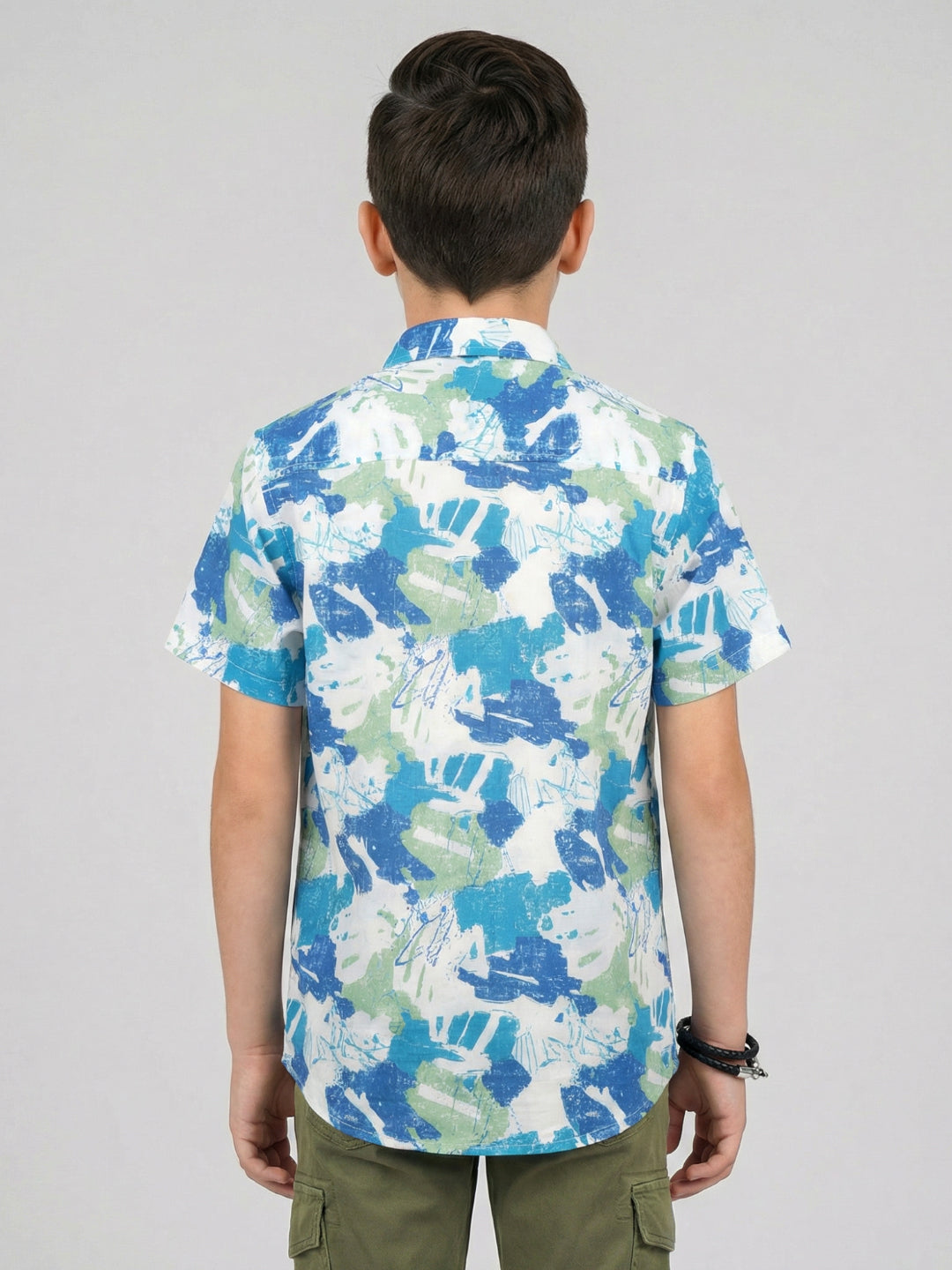 Boys White Printed Collar Half Sleeve Shirt