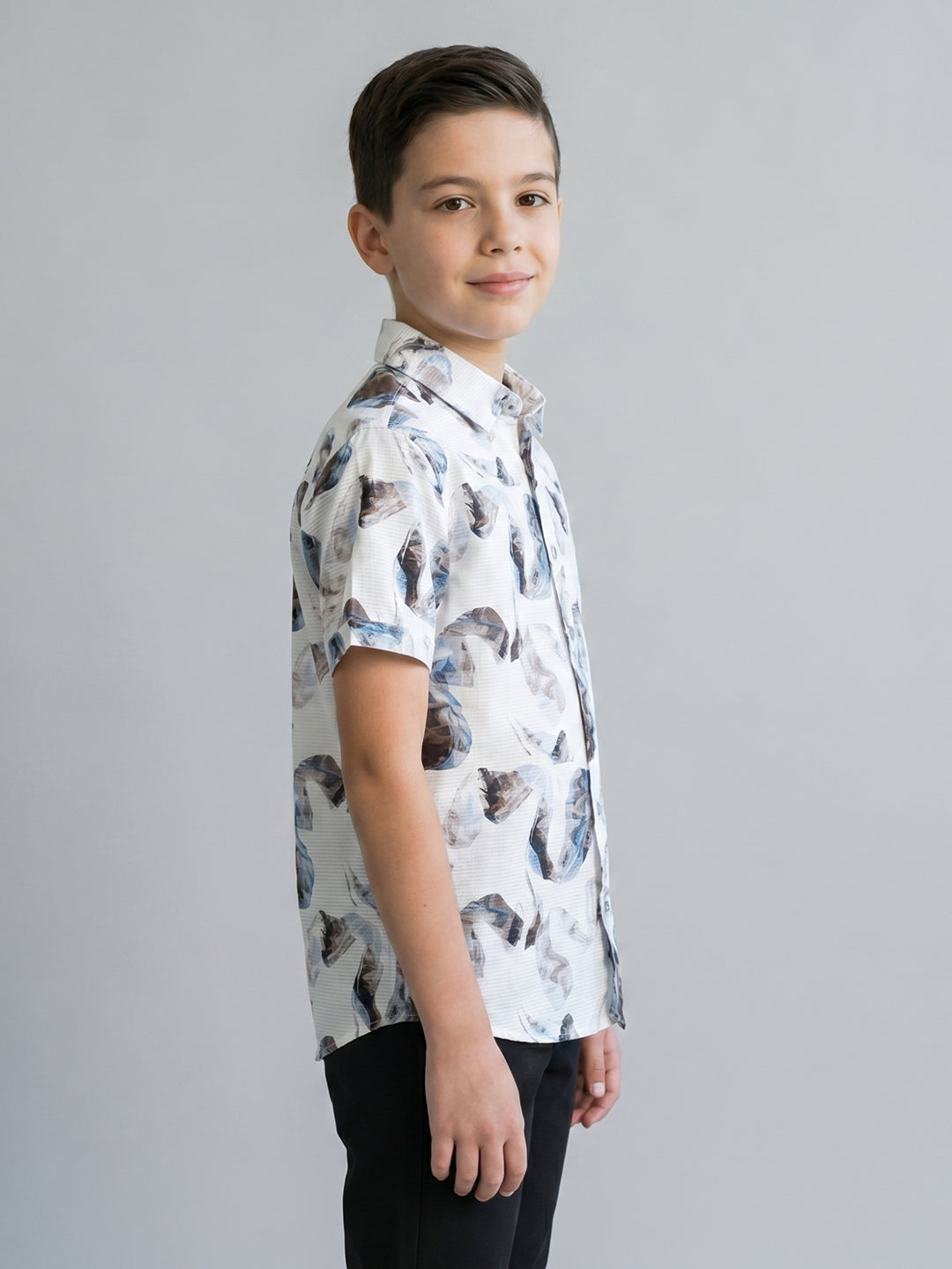 Boys White Printed Collar Half Sleeve Shirt