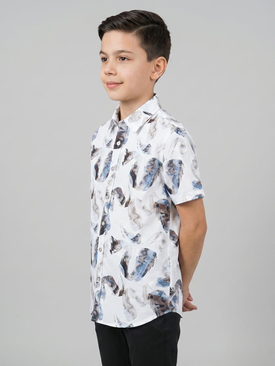 Boys White Printed Collar Half Sleeve Shirt