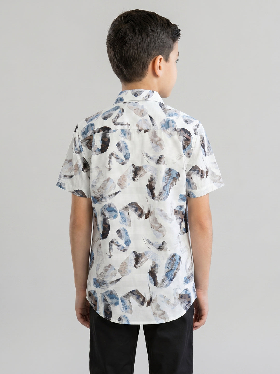 Boys White Printed Collar Half Sleeve Shirt