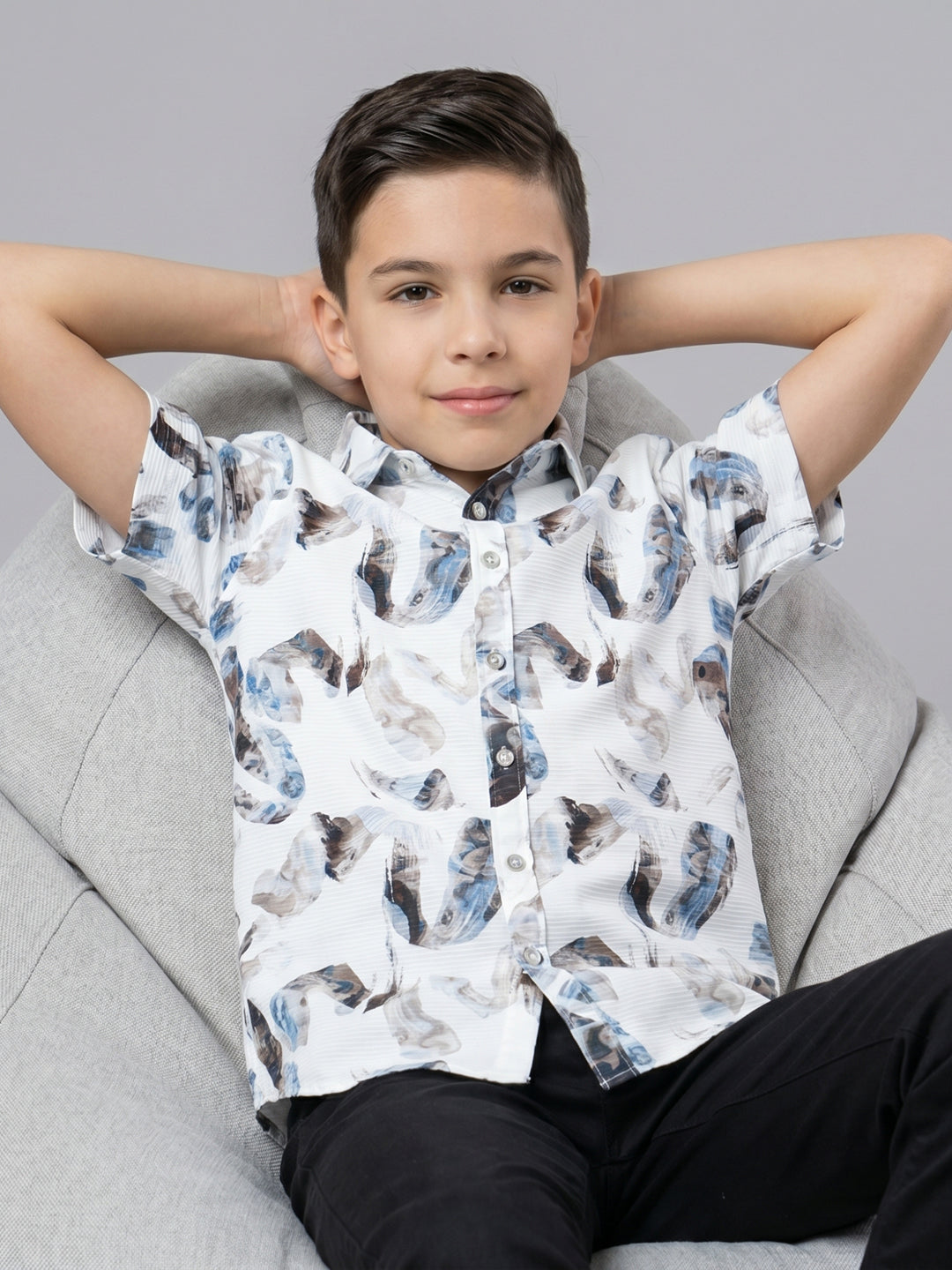 Boys White Printed Collar Half Sleeve Shirt