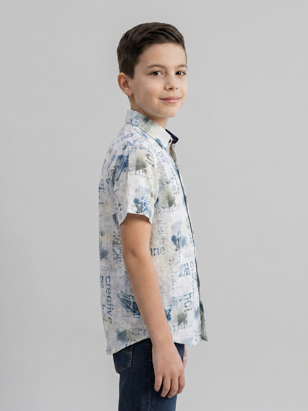 Boys Beige Printed Collar Half Sleeve Shirt