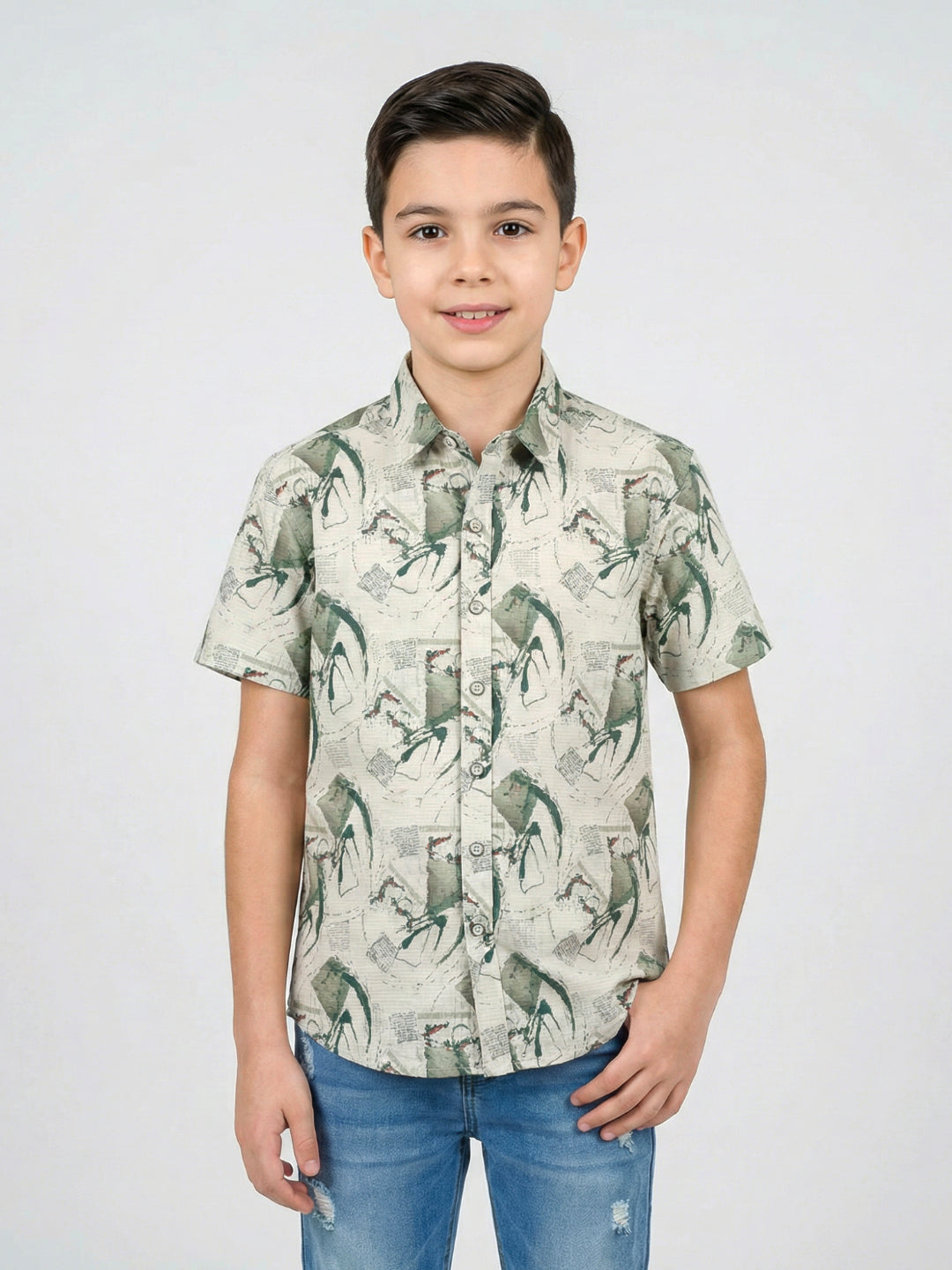 Boys Green Printed Collar Half Sleeve Shirt