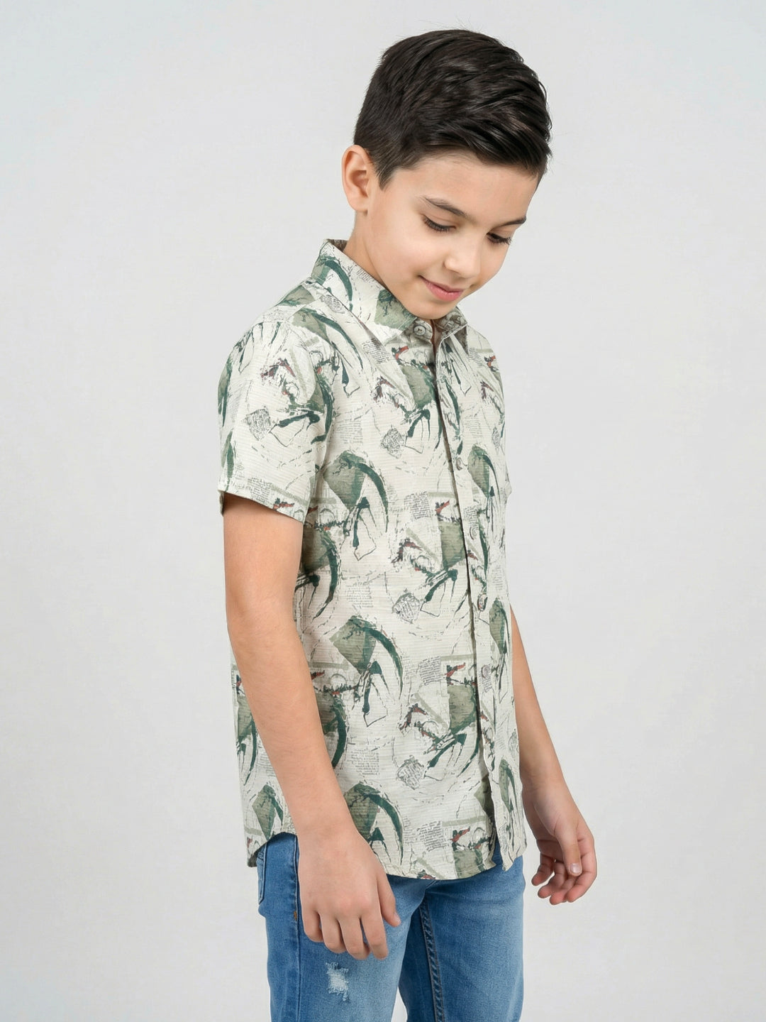 Boys Green Printed Collar Half Sleeve Shirt