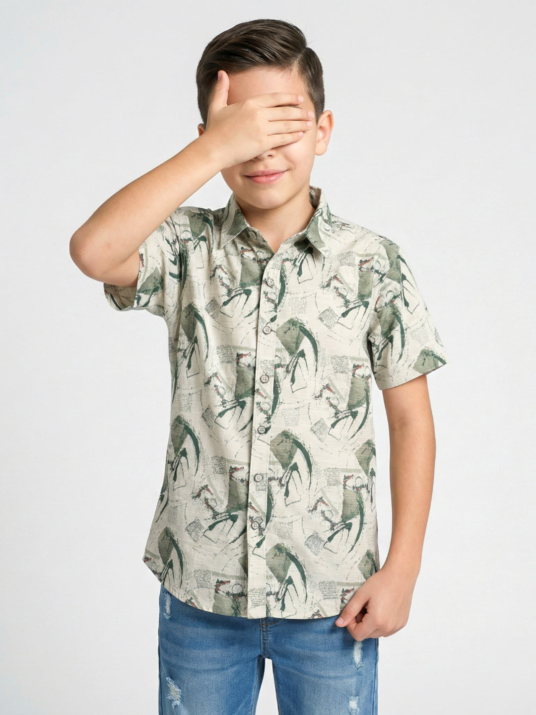 Boys Green Printed Collar Half Sleeve Shirt