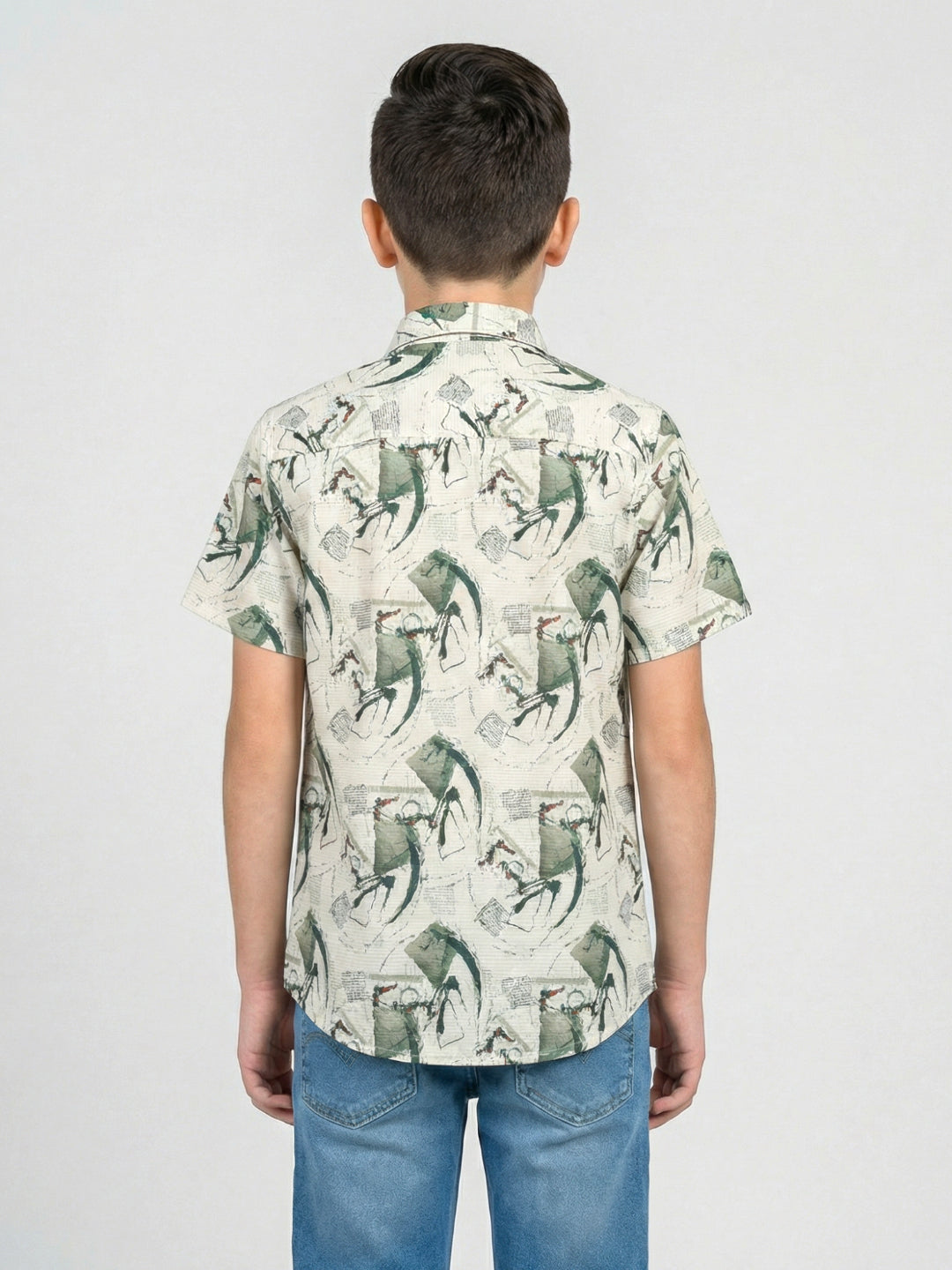 Boys Green Printed Collar Half Sleeve Shirt
