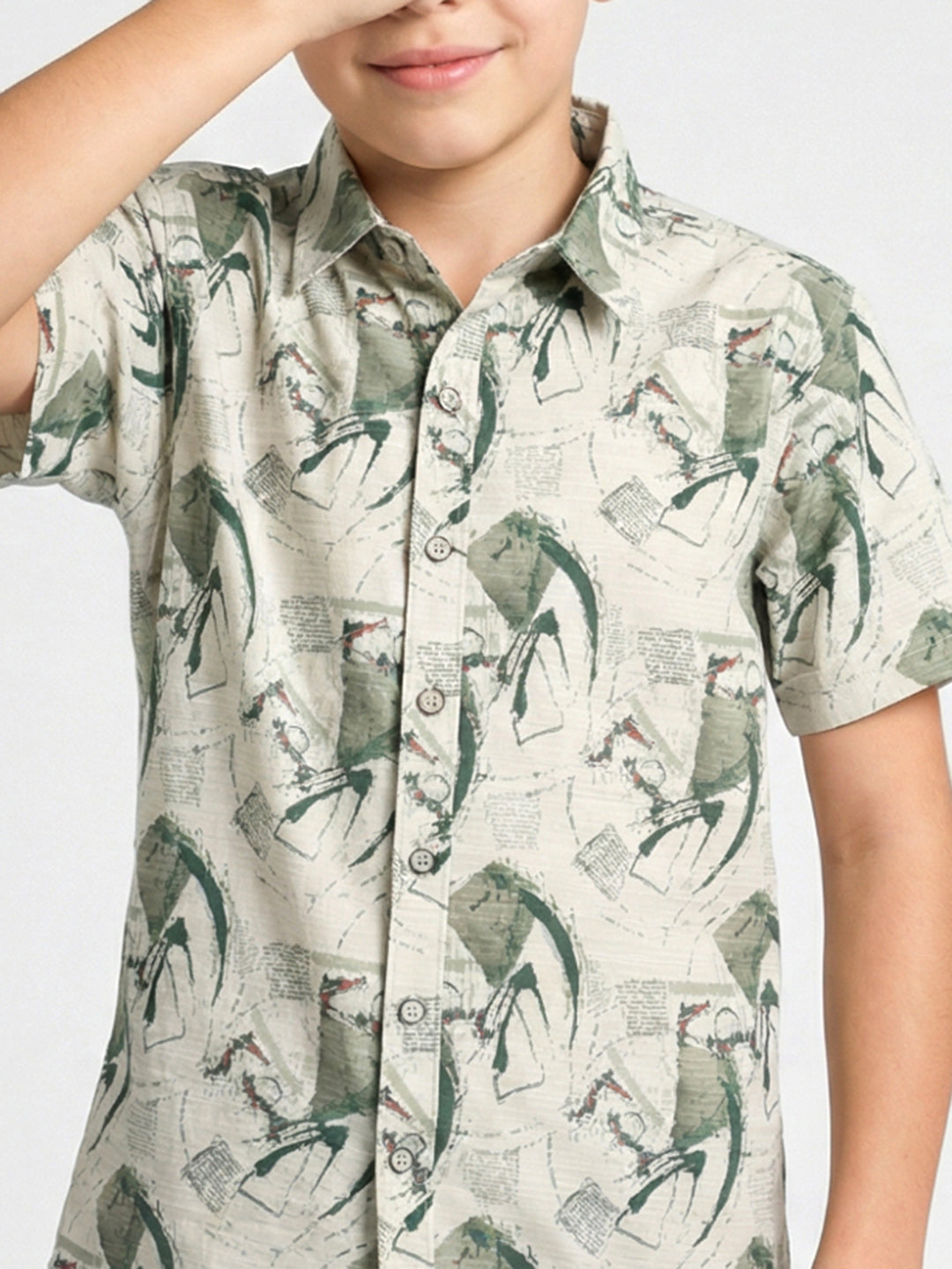 Boys Green Printed Collar Half Sleeve Shirt