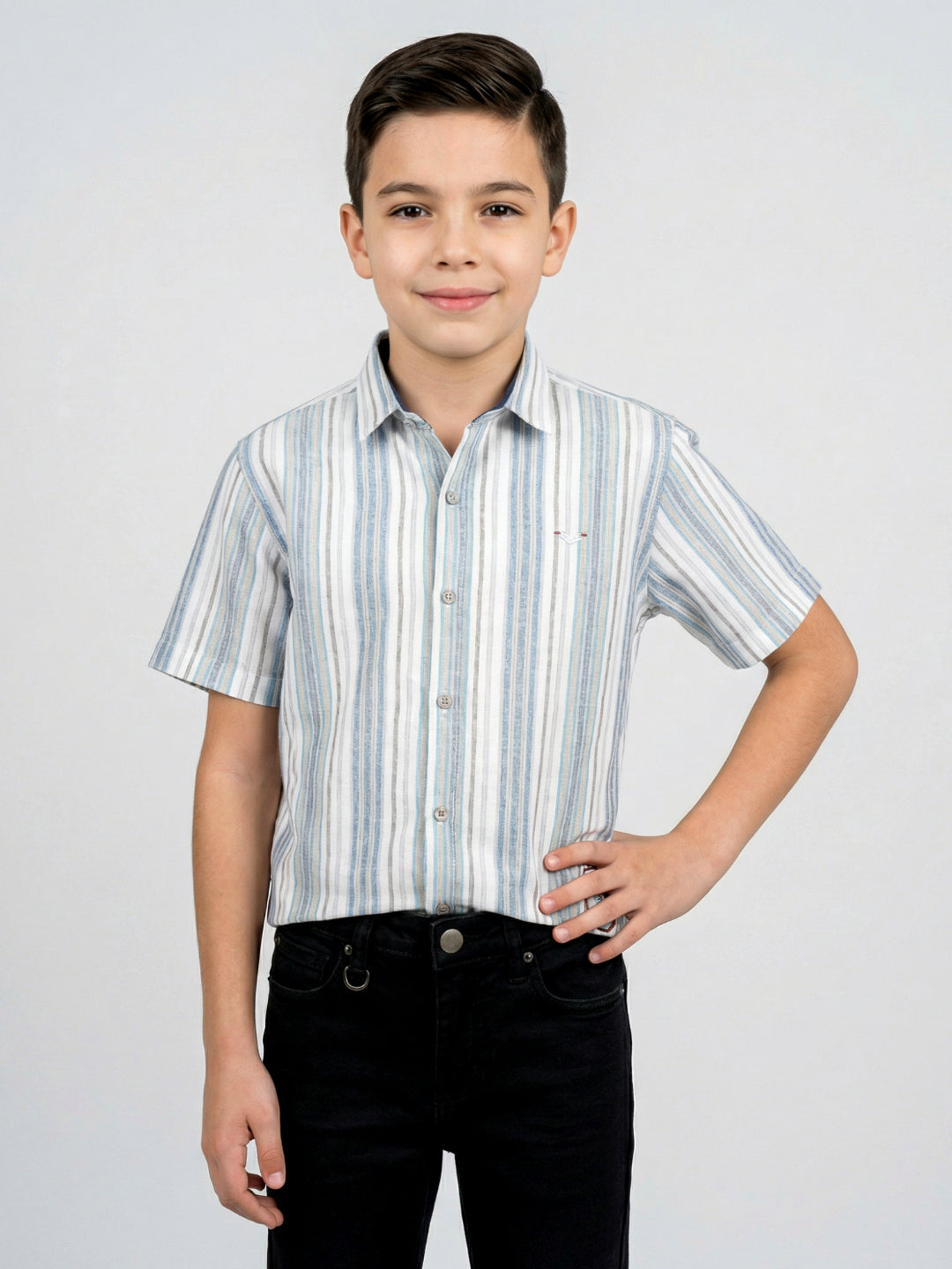 Boys White Stripe Collar Half Sleeve Shirt