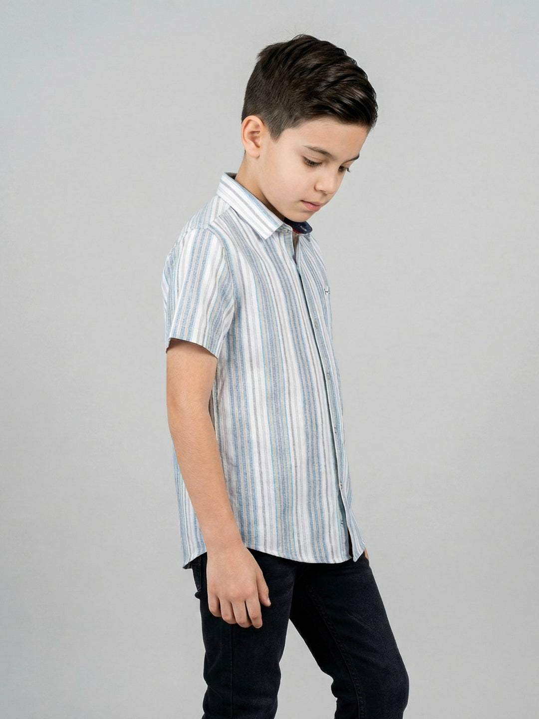 Boys White Stripe Collar Half Sleeve Shirt