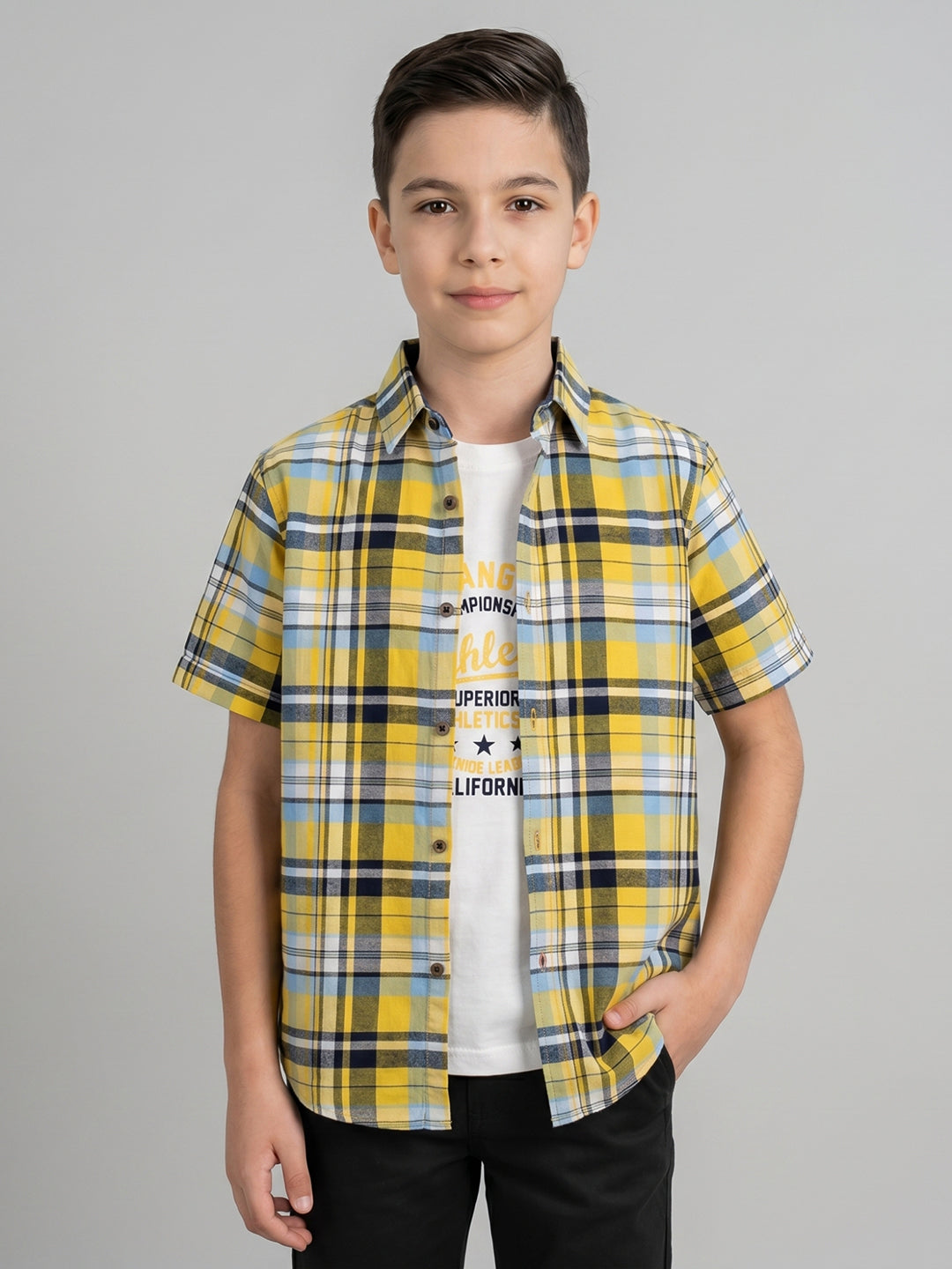 Boys Mustard Check Collar Half Sleeve Shirt Set with Inner T-Shirt