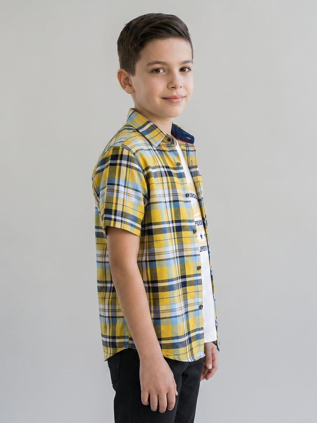 Boys Mustard Check Collar Half Sleeve Shirt Set with Inner T-Shirt