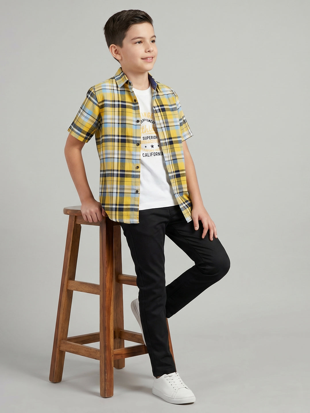 Boys Mustard Check Collar Half Sleeve Shirt Set with Inner T-Shirt