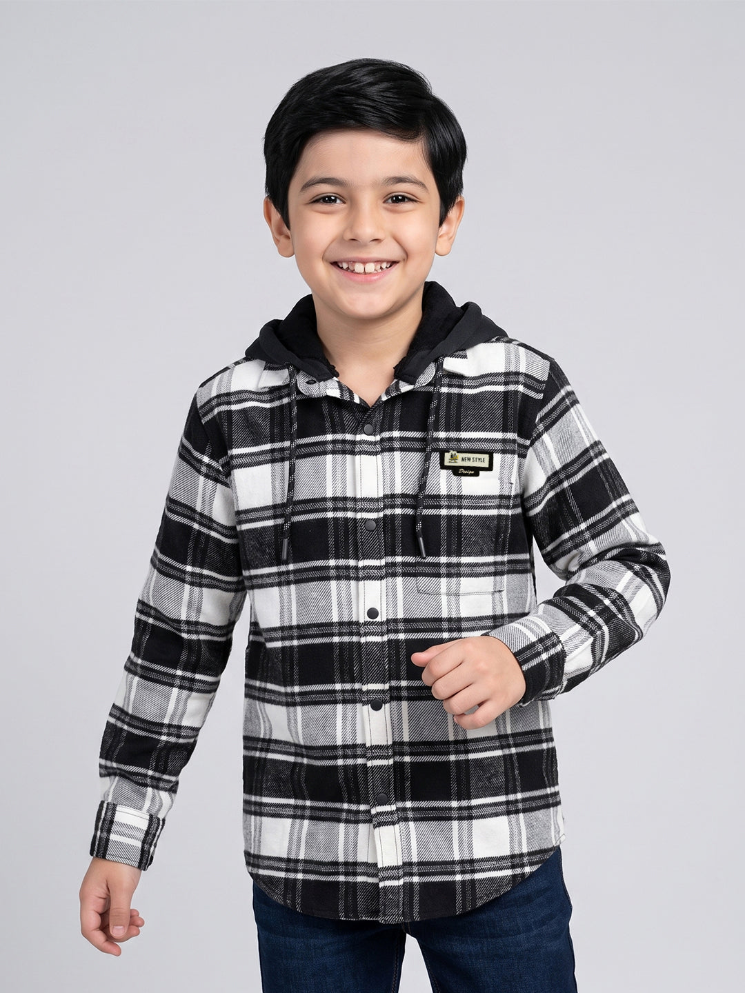 Boys Black Check Hooded Full Sleeve Shirt with Detachable Hood