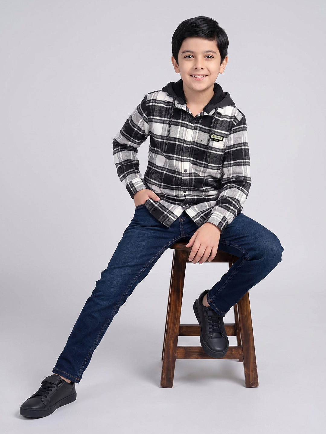 Boys Black Check Hooded Full Sleeve Shirt with Detachable Hood