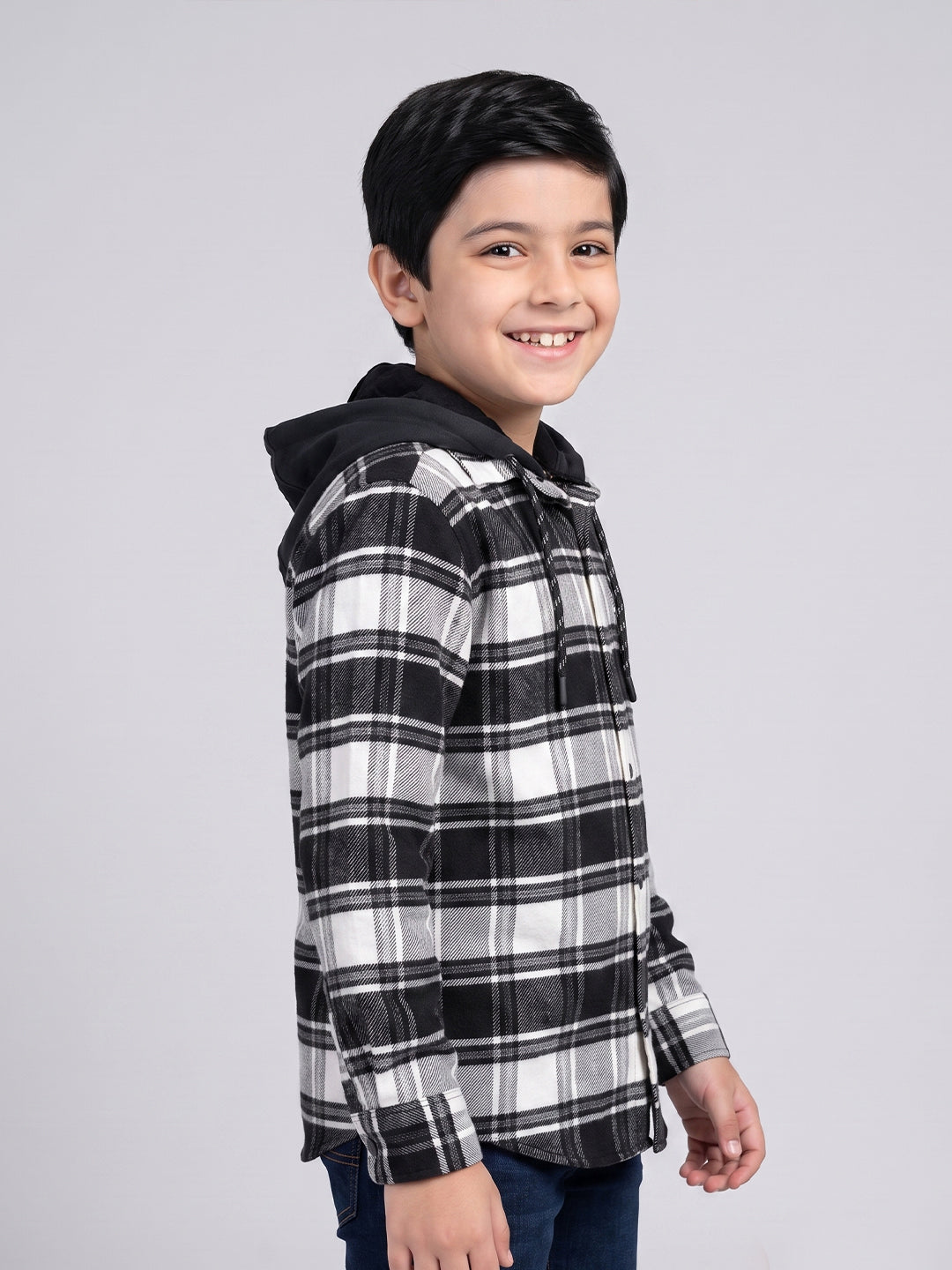 Boys Black Check Hooded Full Sleeve Shirt with Detachable Hood
