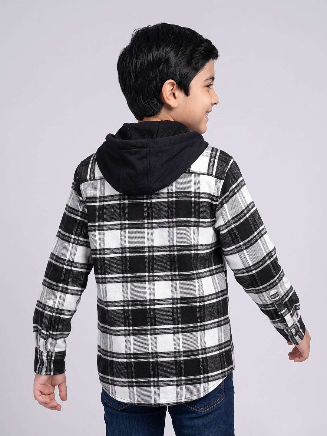 Boys Black Check Hooded Full Sleeve Shirt with Detachable Hood