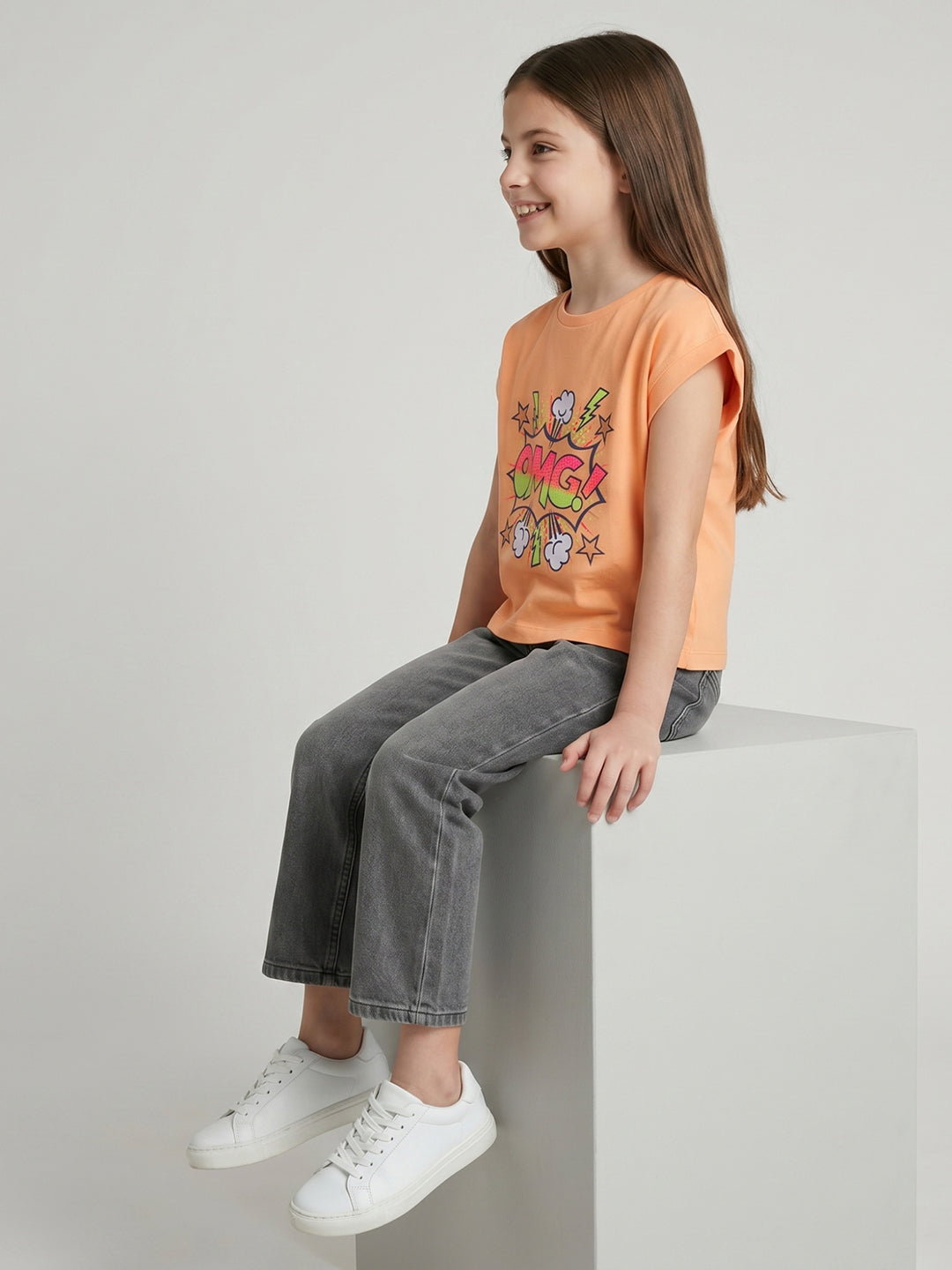 Girls Peach Printed Round Neck Half Sleeve Top