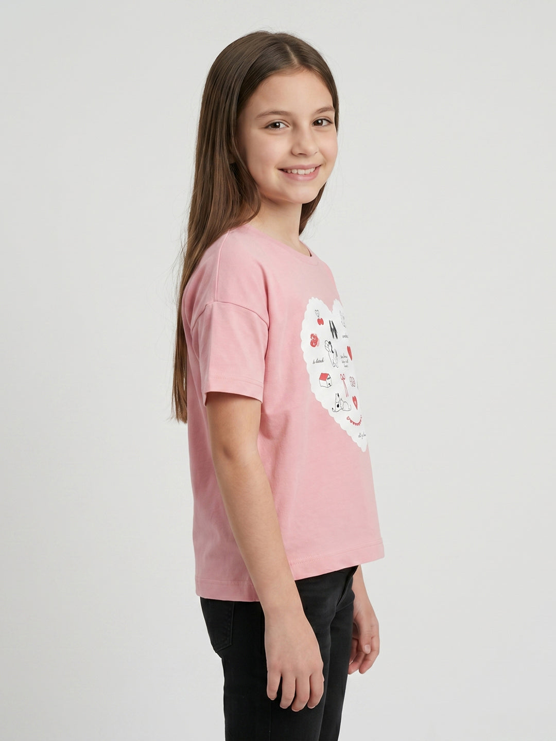 Girls Peach Printed Round Neck Half Sleeve Top