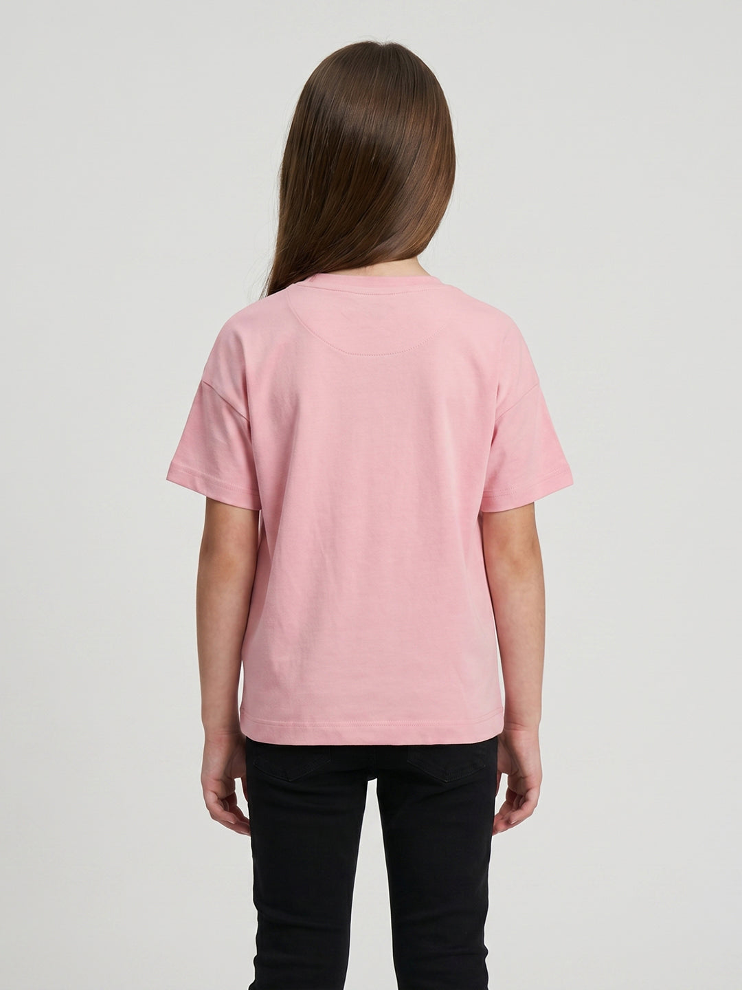 Girls Peach Printed Round Neck Half Sleeve Top