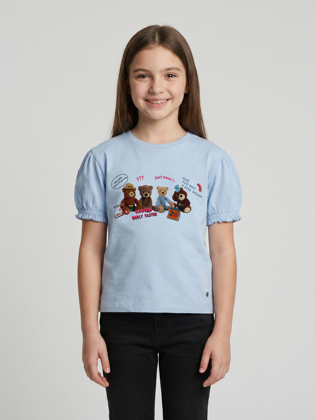 Girls Sky Blue Printed Round Neck Half Sleeve Top