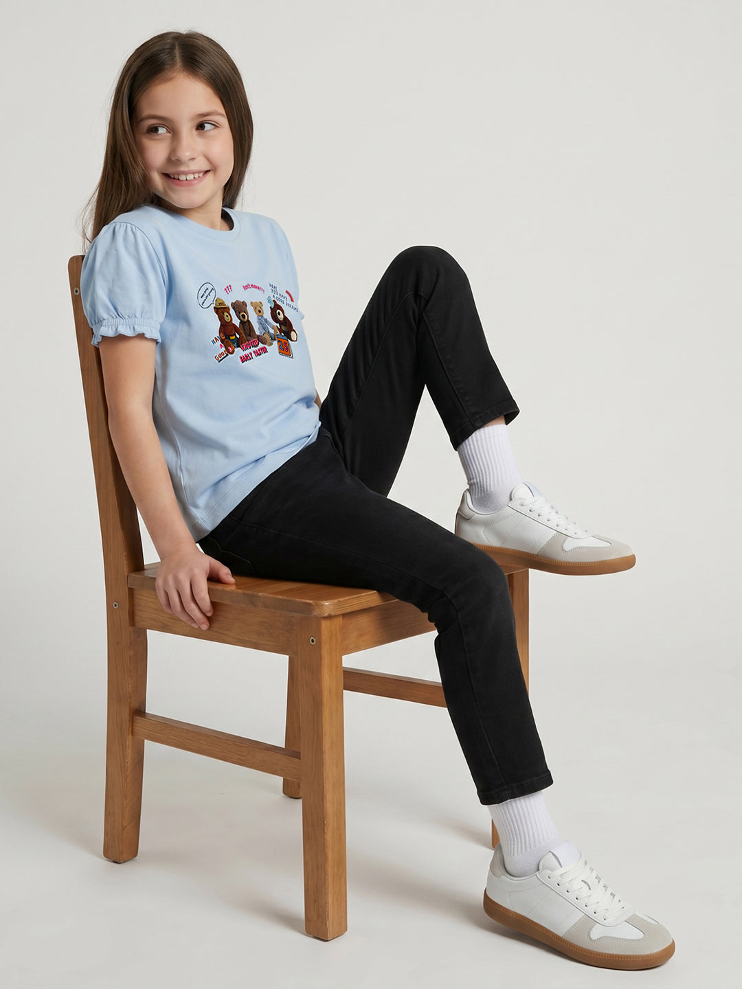 Girls Sky Blue Printed Round Neck Half Sleeve Top