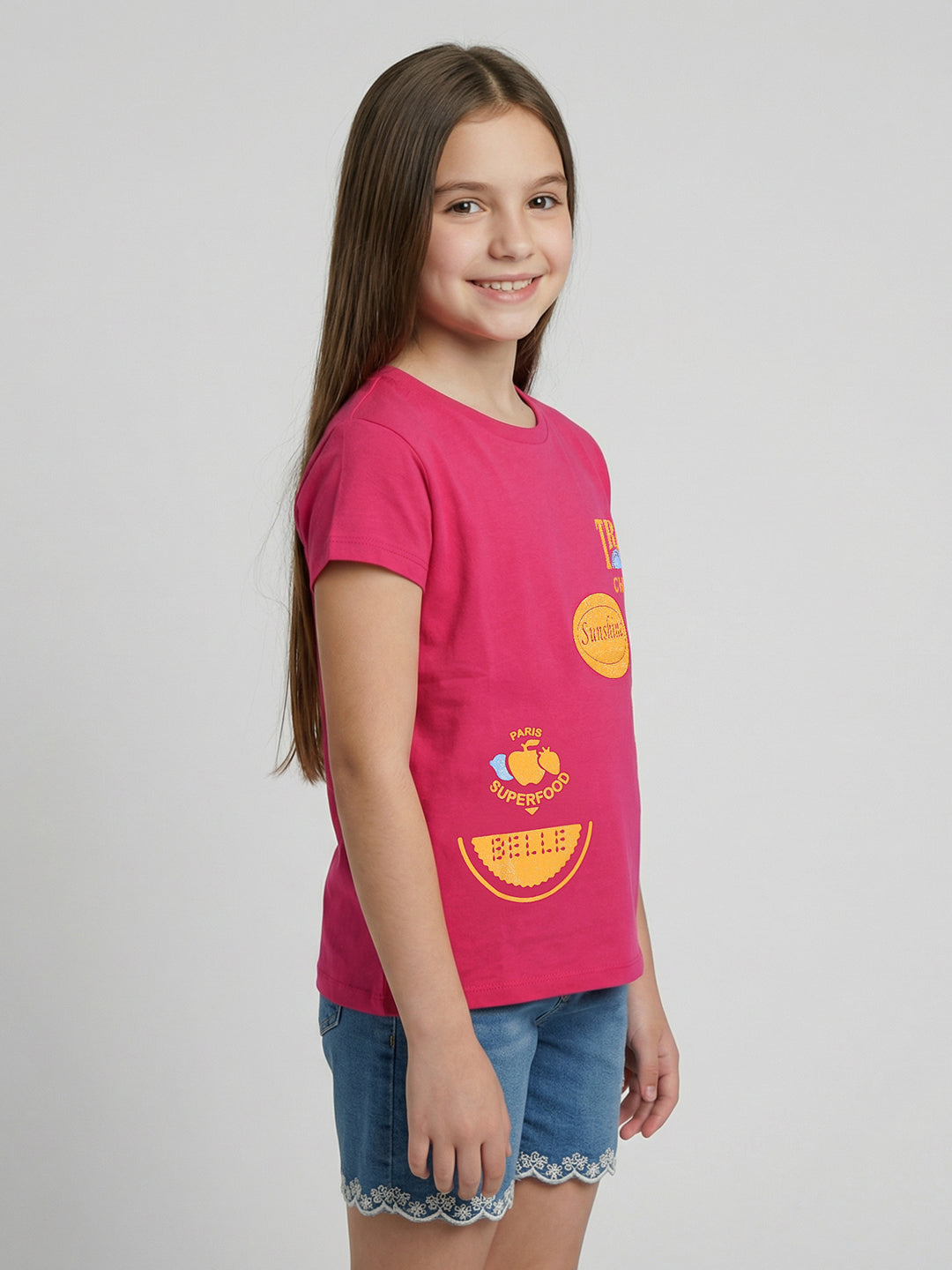 Girls Magenta Printed Round Neck Half Sleeve Top