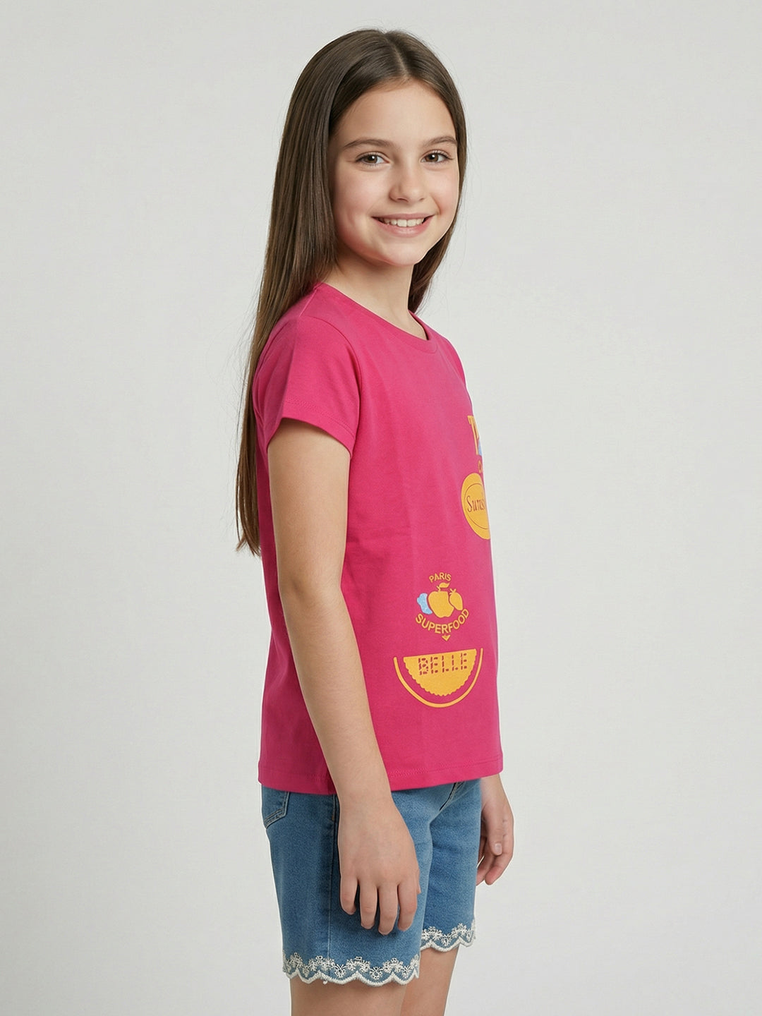 Girls Magenta Printed Round Neck Half Sleeve Top
