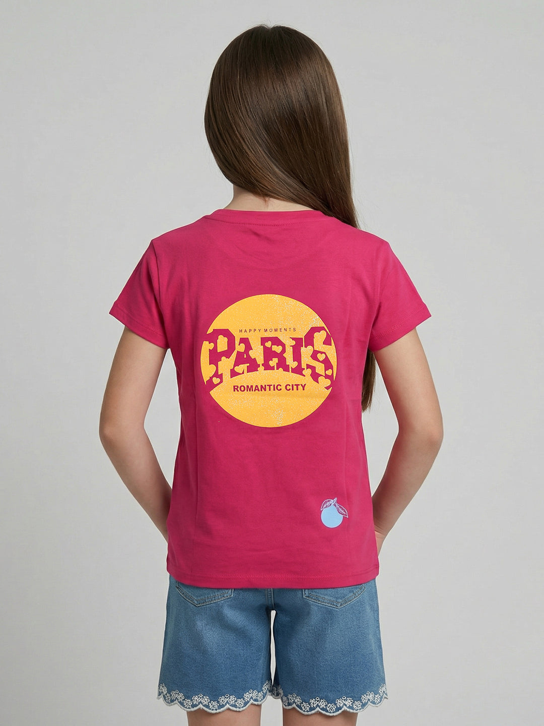 Girls Magenta Printed Round Neck Half Sleeve Top