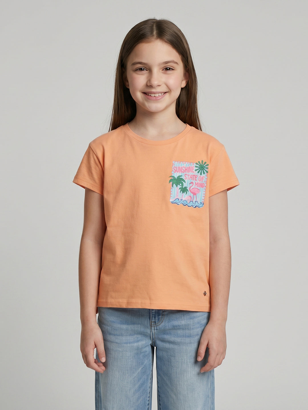 Girls Peach Printed Round Neck Half Sleeve Top