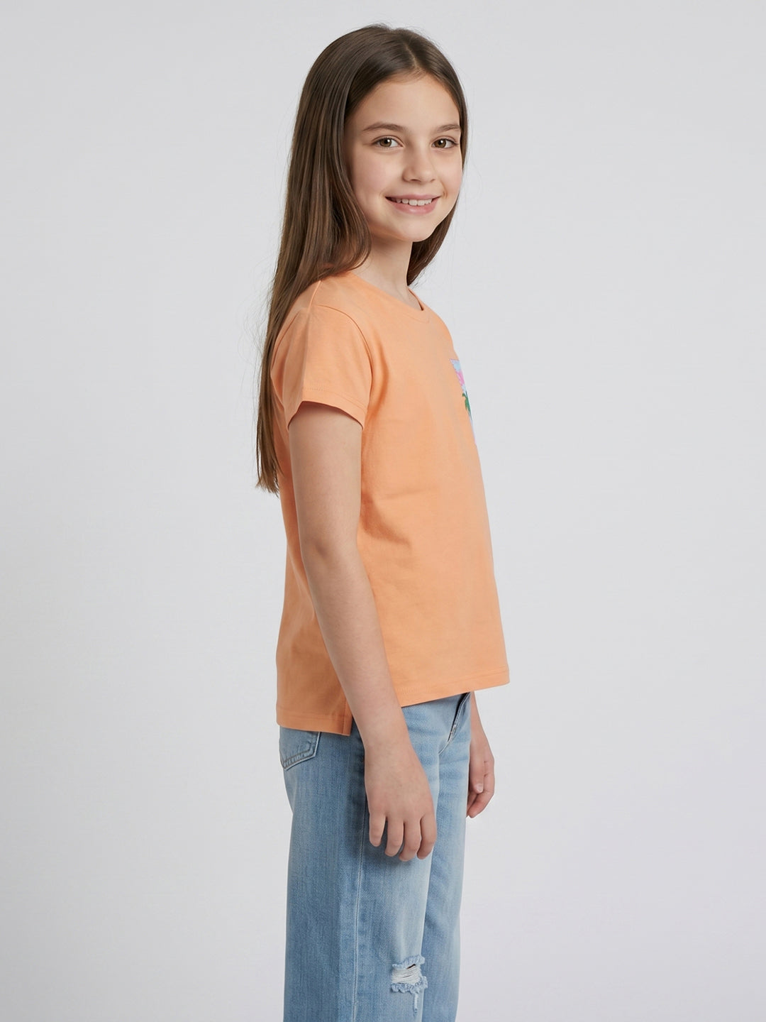 Girls Peach Printed Round Neck Half Sleeve Top