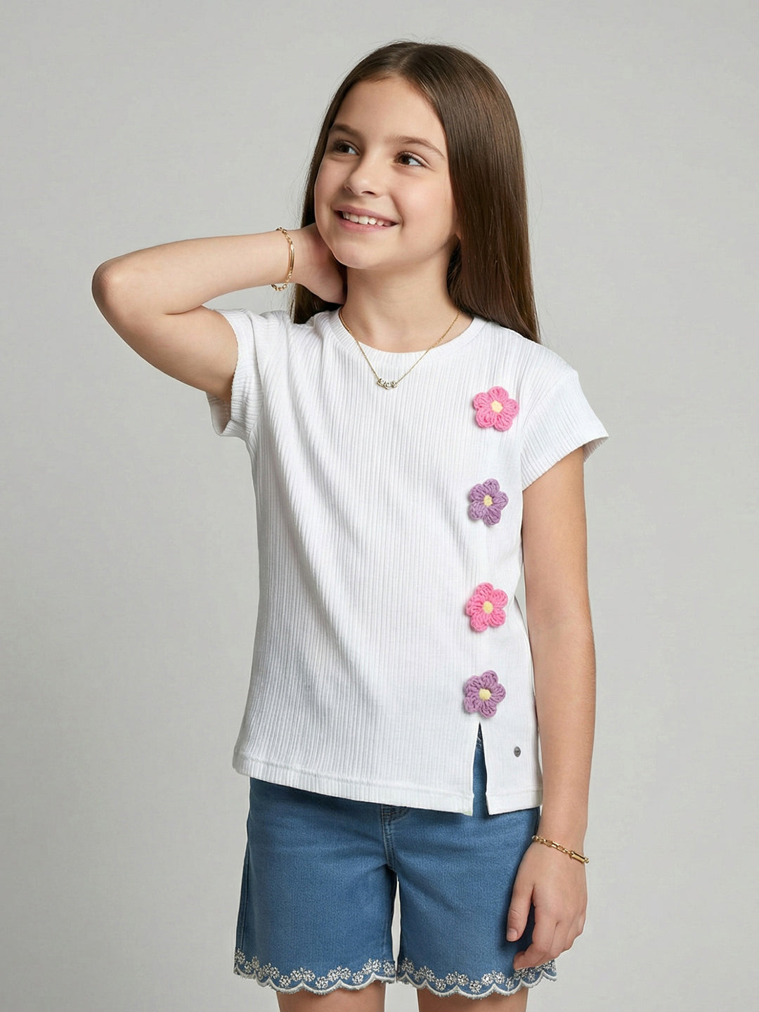 Girls Off White Self Design Round Neck Half Sleeve Top