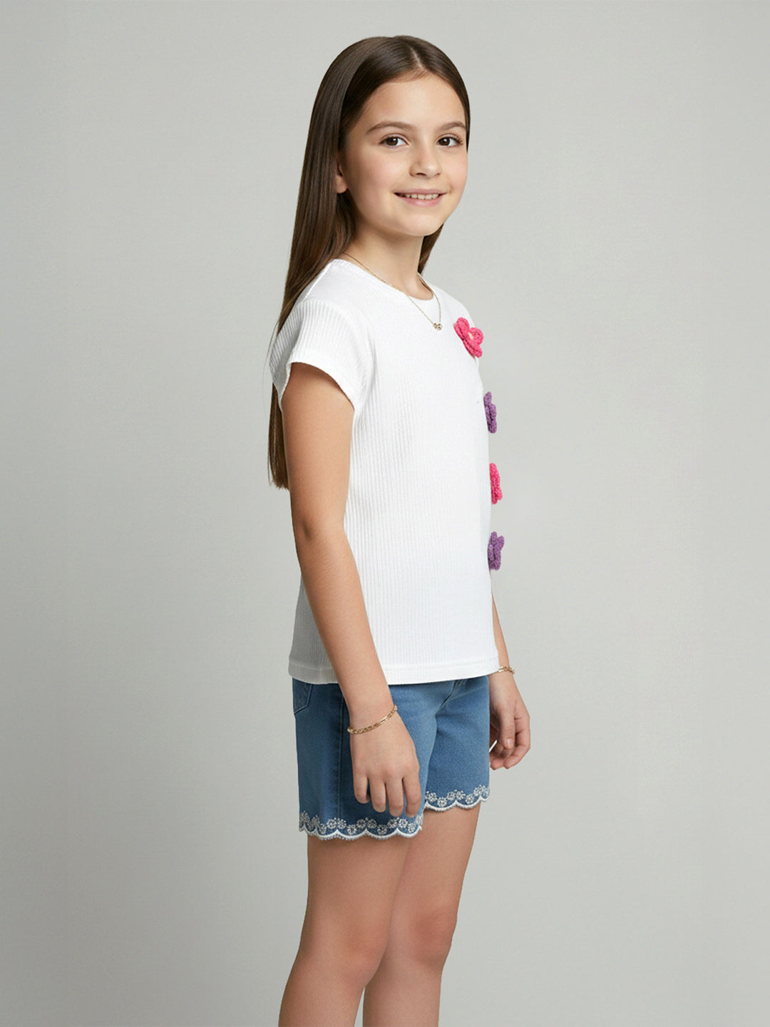 Girls Off White Self Design Round Neck Half Sleeve Top