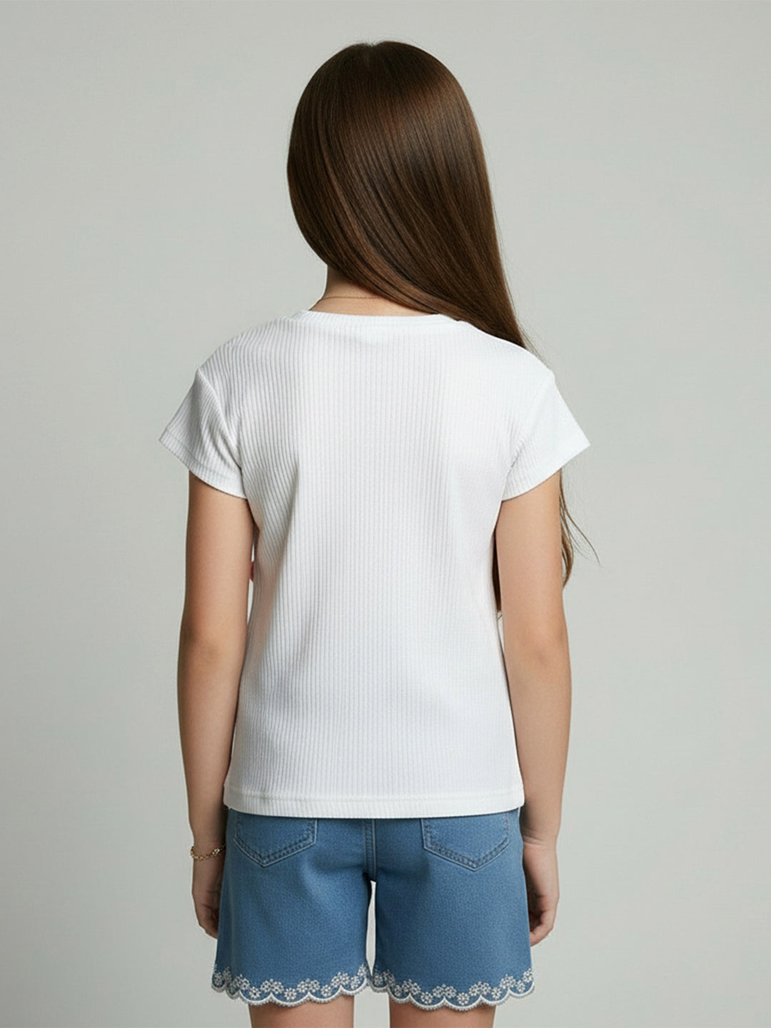Girls Off White Self Design Round Neck Half Sleeve Top