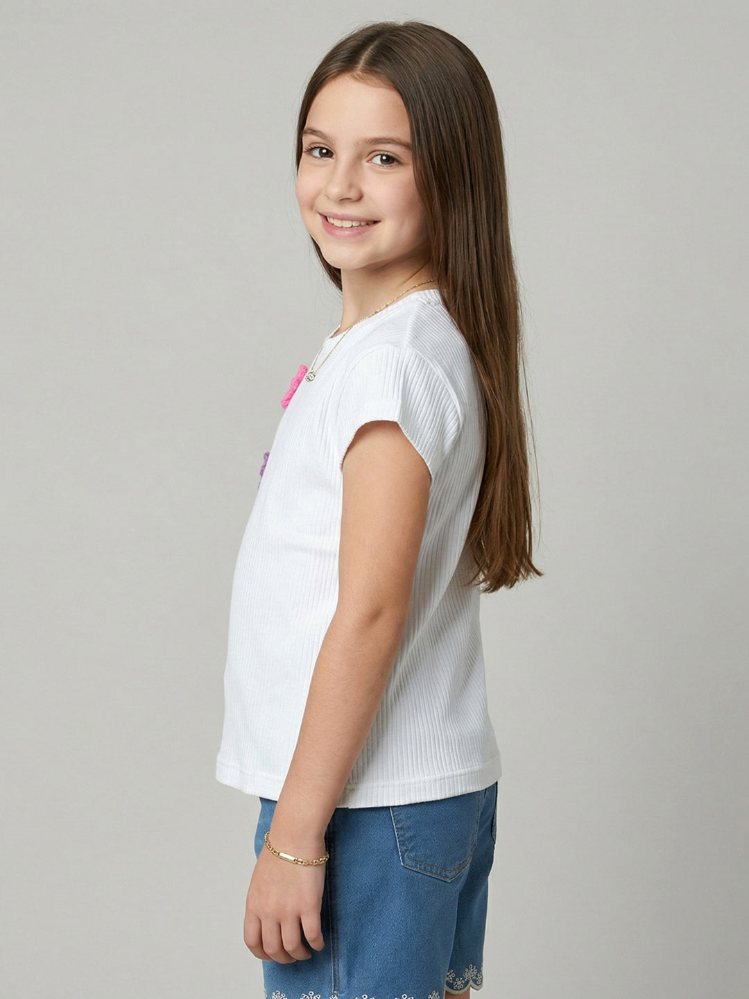 Girls Off White Self Design Round Neck Half Sleeve Top