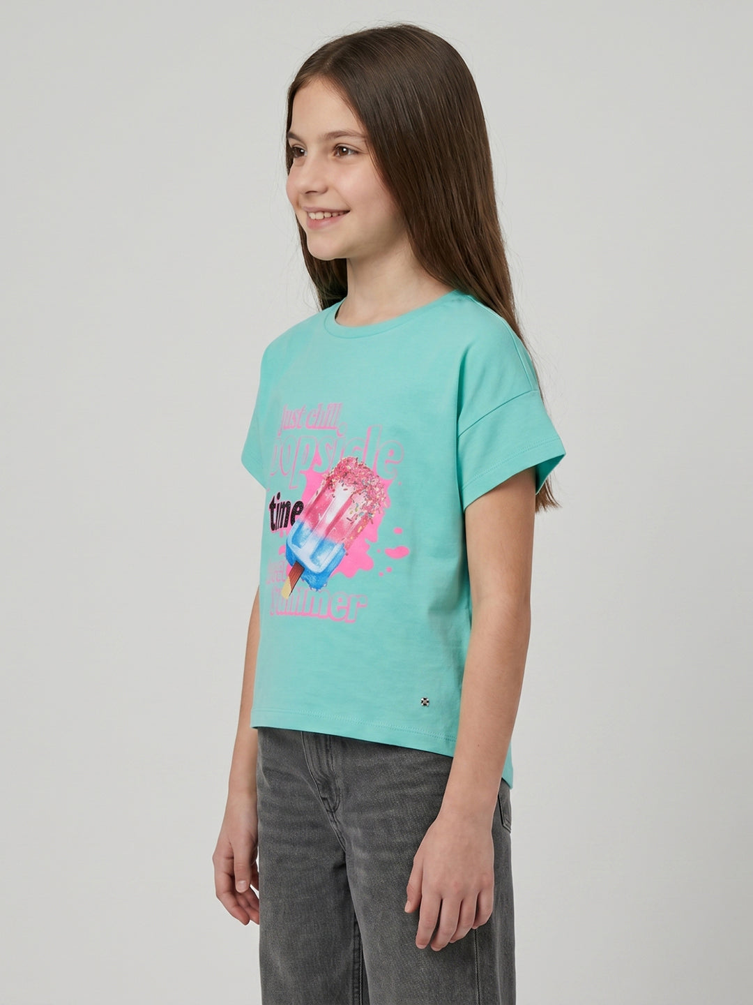 Girls Sea Green Printed Round Neck Half Sleeve Top