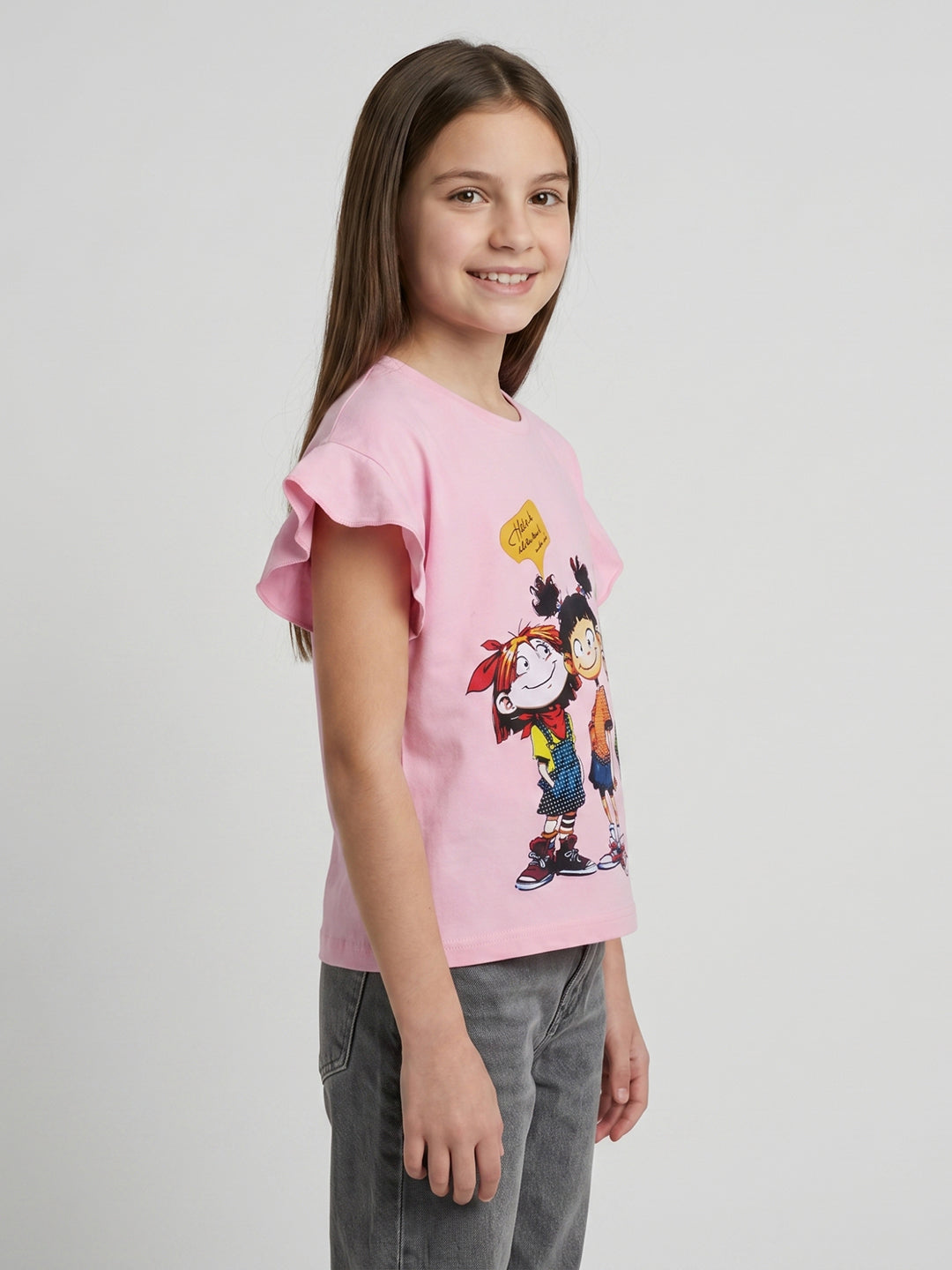 Girls Pink Printed Round Neck Half Sleeve Top