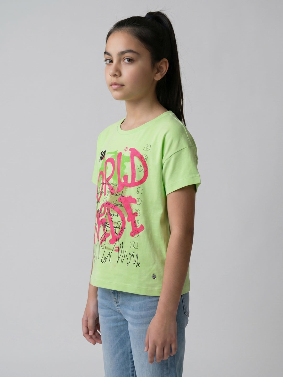 Girls Fluorescent Green Printed Round Neck Half Sleeve Top