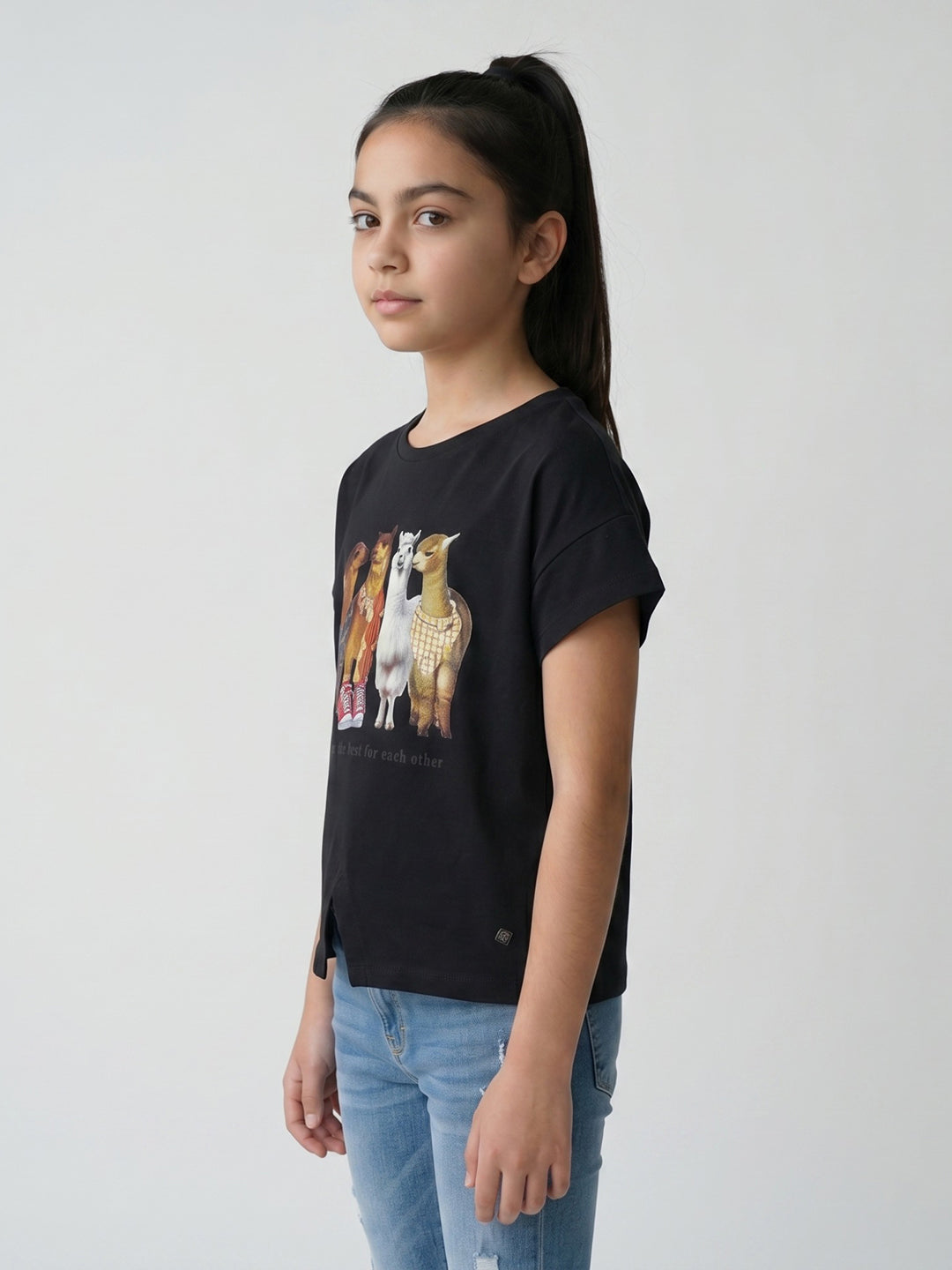 Girls Black Printed Round Neck Half Sleeve Top