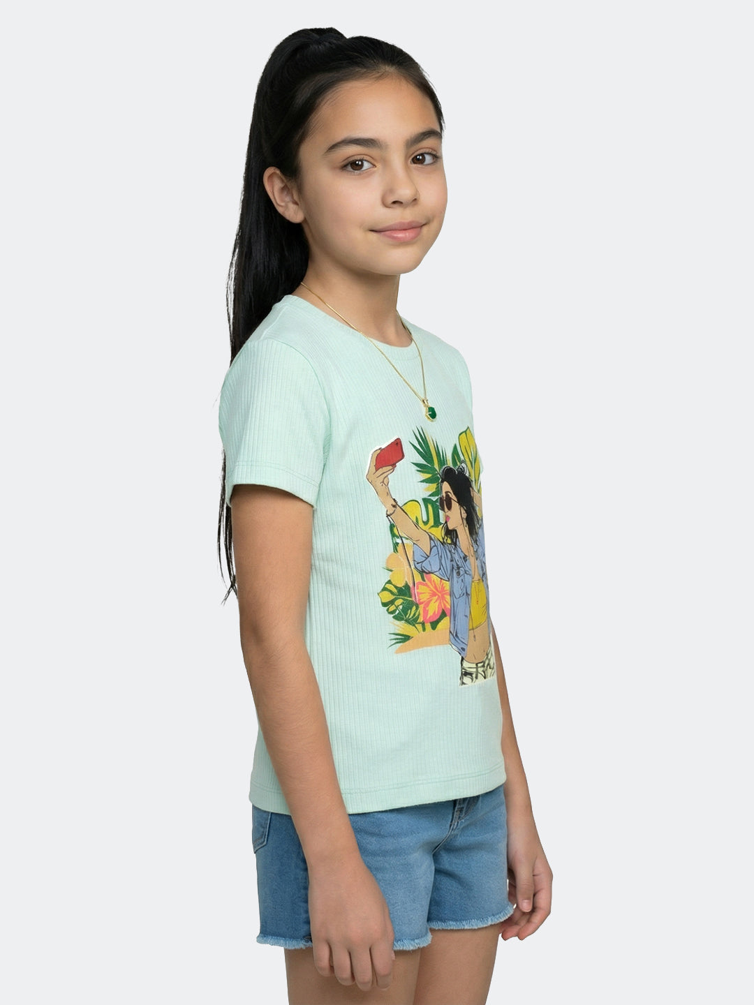 Girls Sea Green Printed Round Neck Half Sleeve Top