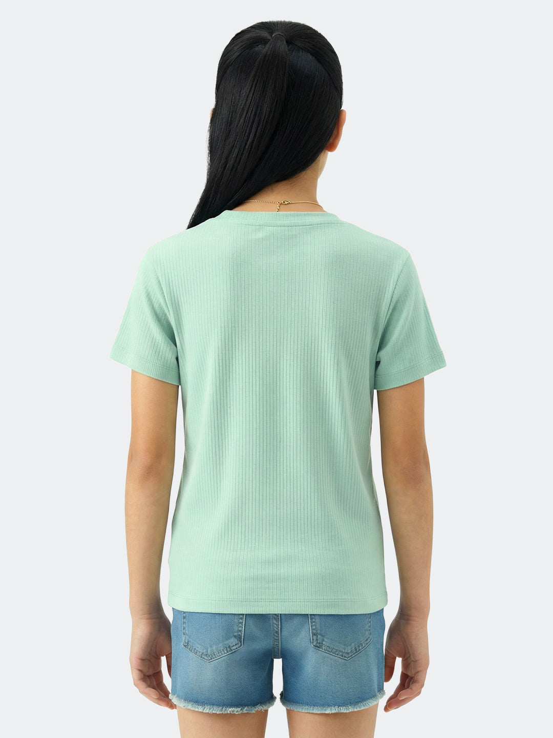 Girls Sea Green Printed Round Neck Half Sleeve Top