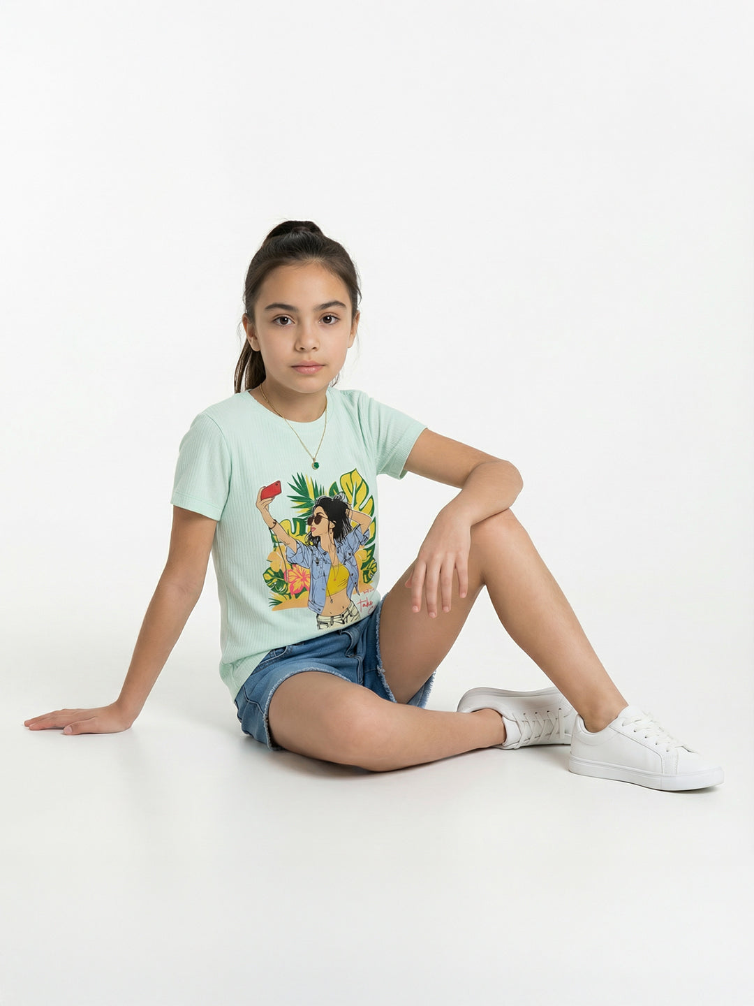 Girls Sea Green Printed Round Neck Half Sleeve Top