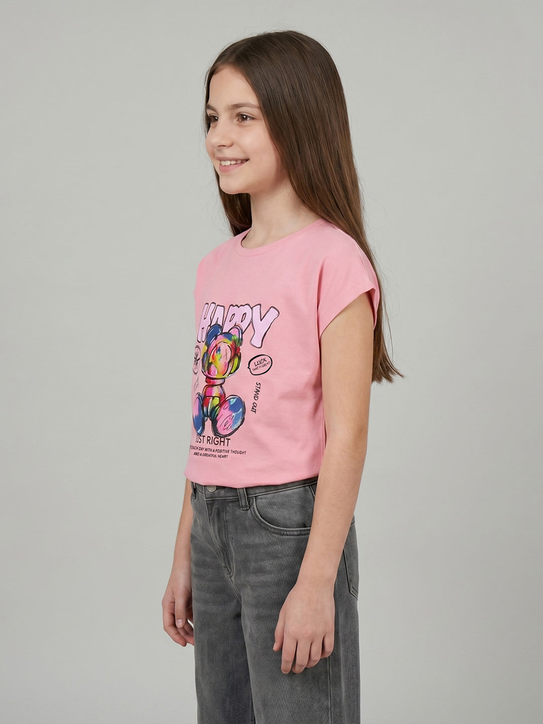 Girls Peach Printed Round Neck Half Sleeve Top